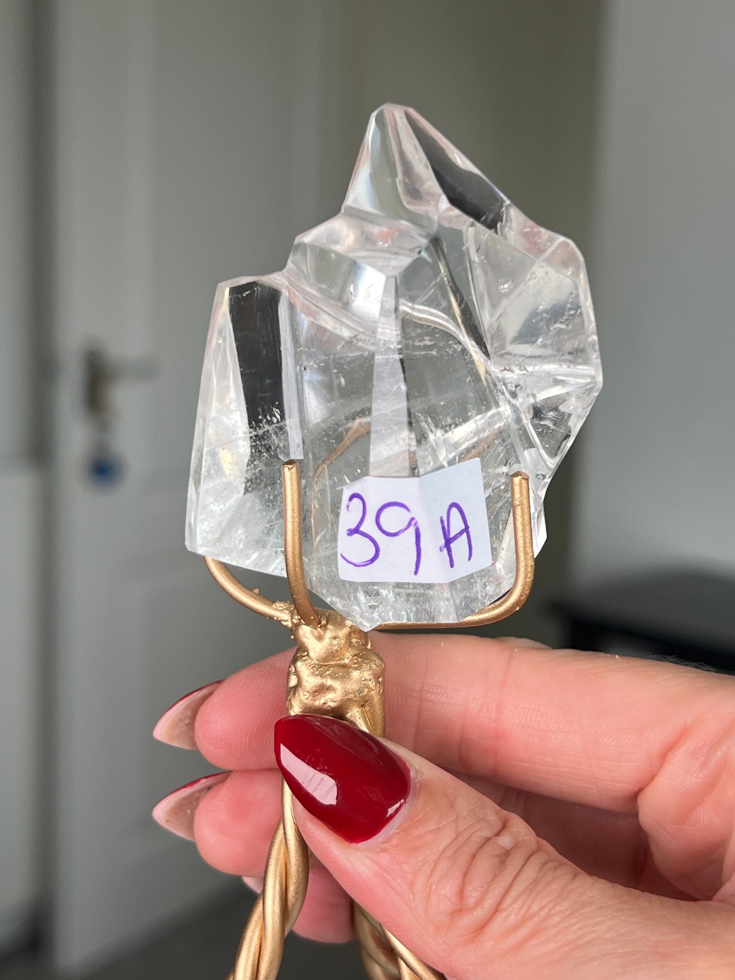High Grade Brazilian Clear Quartz Sculpture On Gold Twisty Stand