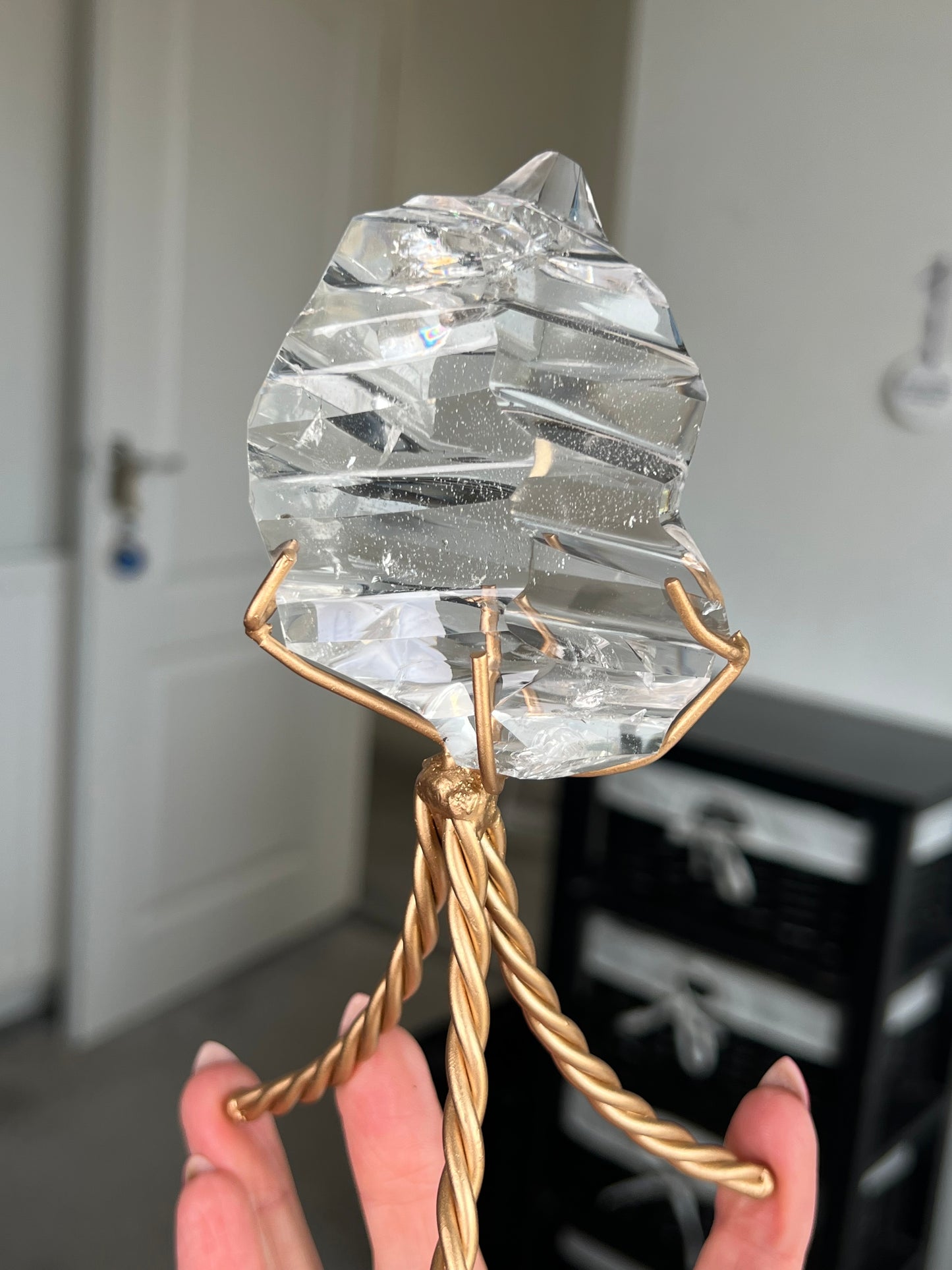 High Grade Brazilian Clear Quartz Sculpture On Gold Twisty Stand