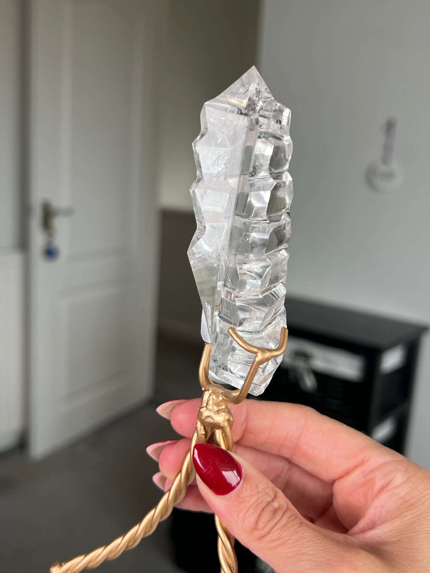 High Grade Brazilian Clear Quartz Sculpture On Gold Twisty Stand