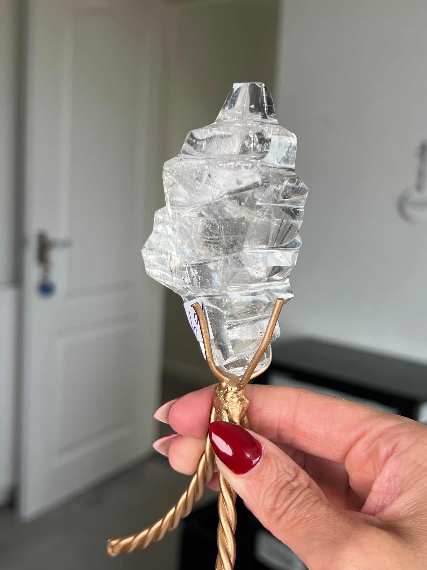 High Grade Brazilian Clear Quartz Sculpture On Gold Twisty Stand