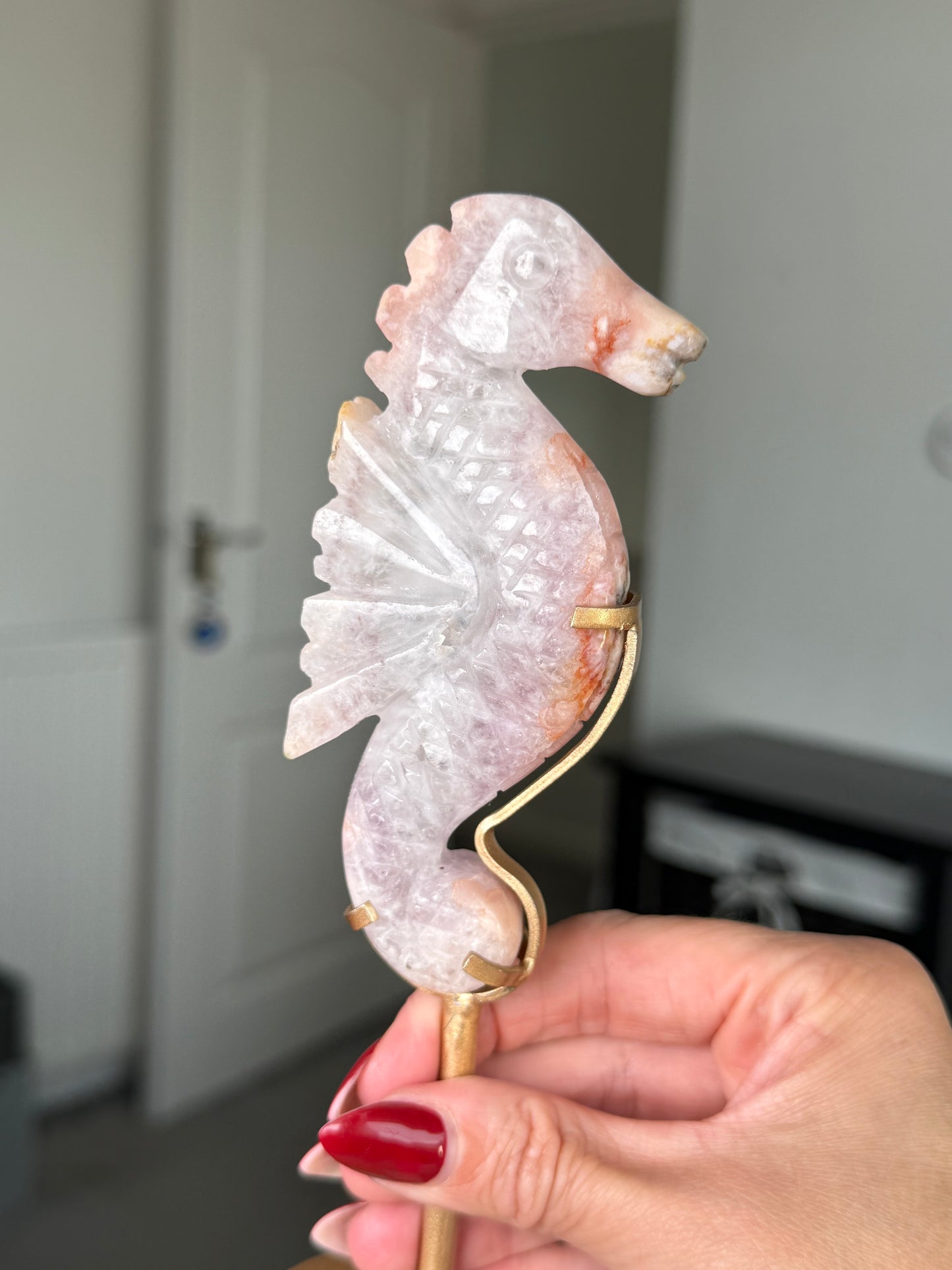 Flower Agate Seahorse On Gold Stand