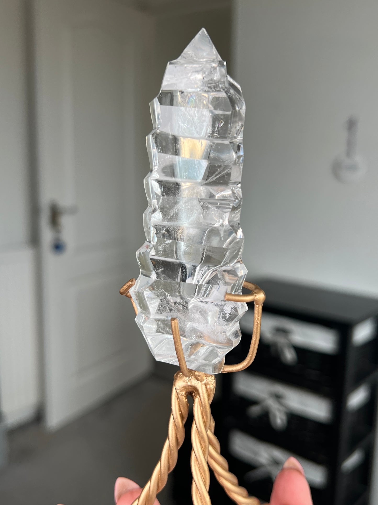 High Grade Brazilian Clear Quartz Sculpture On Gold Twisty Stand