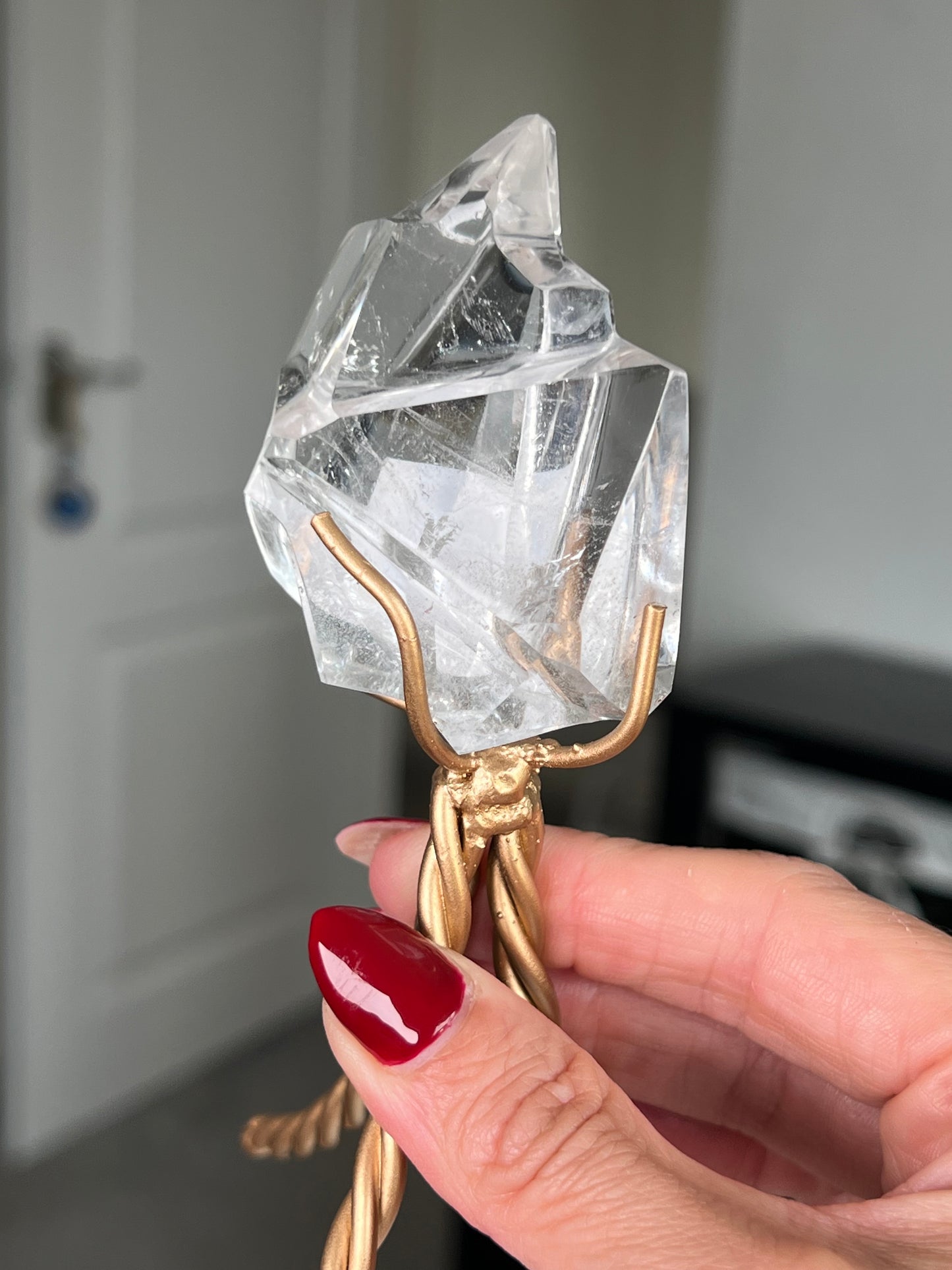 High Grade Brazilian Clear Quartz Sculpture On Gold Twisty Stand