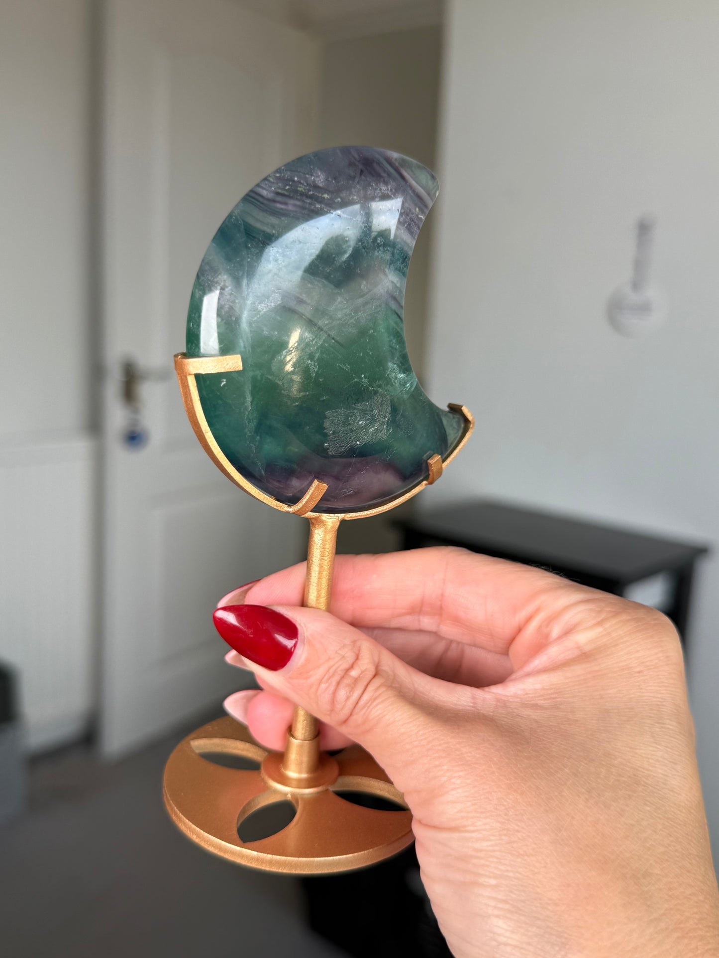 Fluorite Moon On Gold Stand