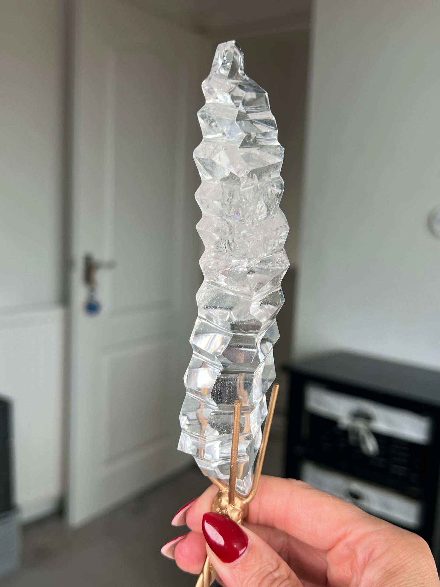 High Grade Brazilian Clear Quartz Sculpture On Gold Twisty Stand