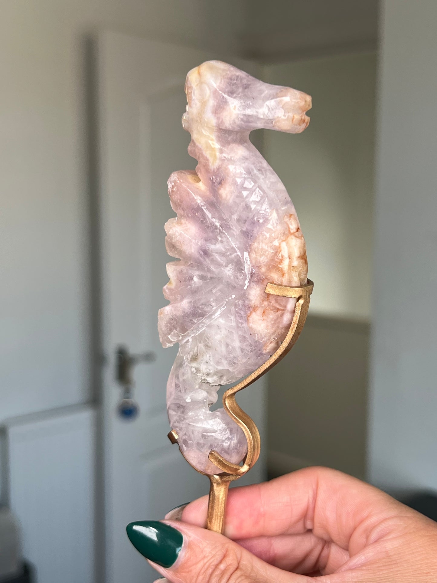 Flower Agate Seahorse On Gold Stand