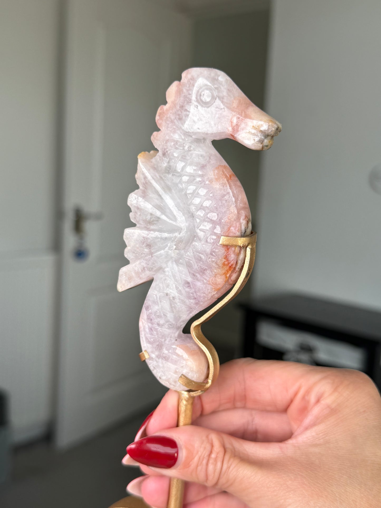 Flower Agate Seahorse On Gold Stand