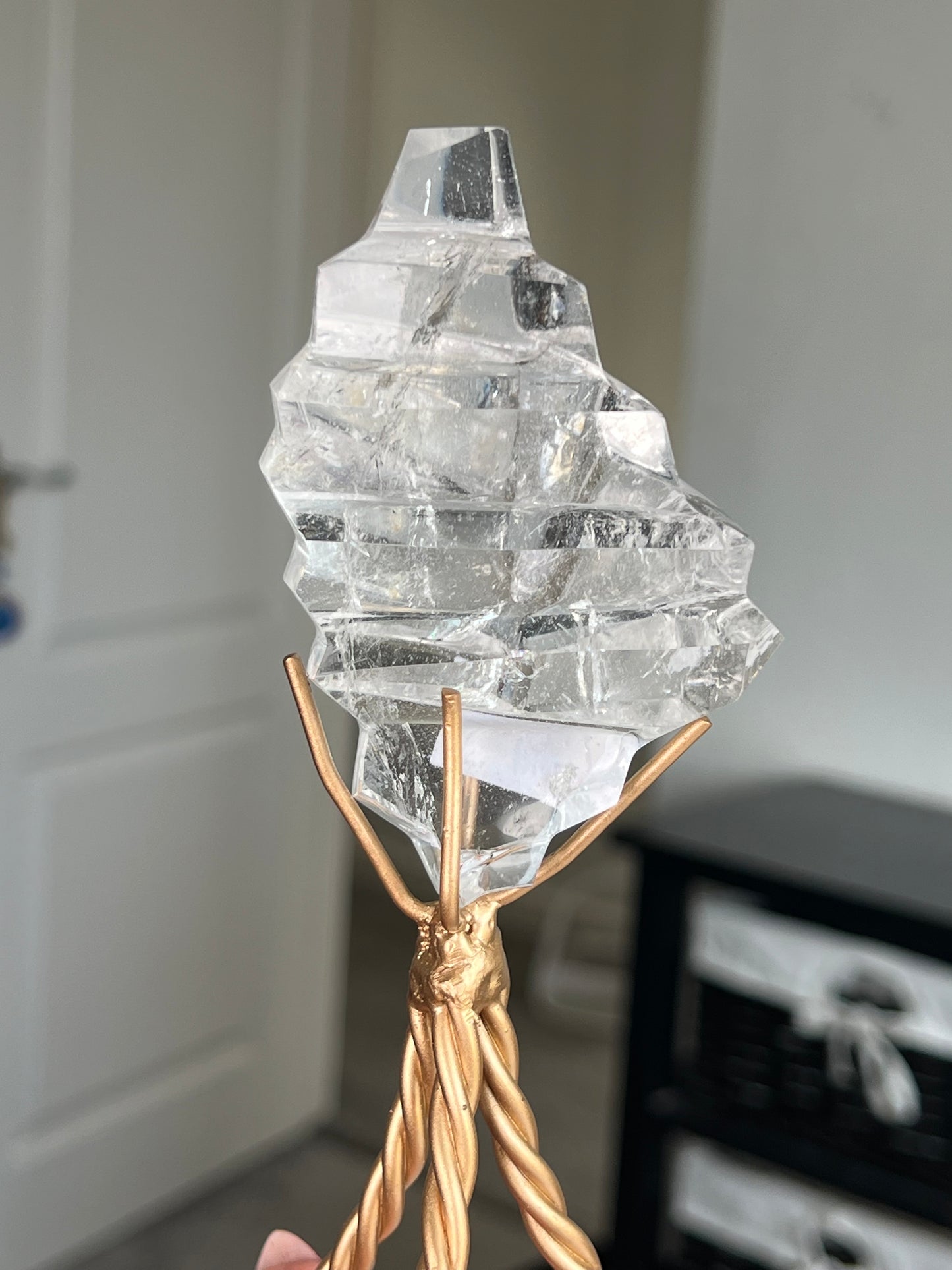 High Grade Brazilian Clear Quartz Sculpture On Gold Twisty Stand