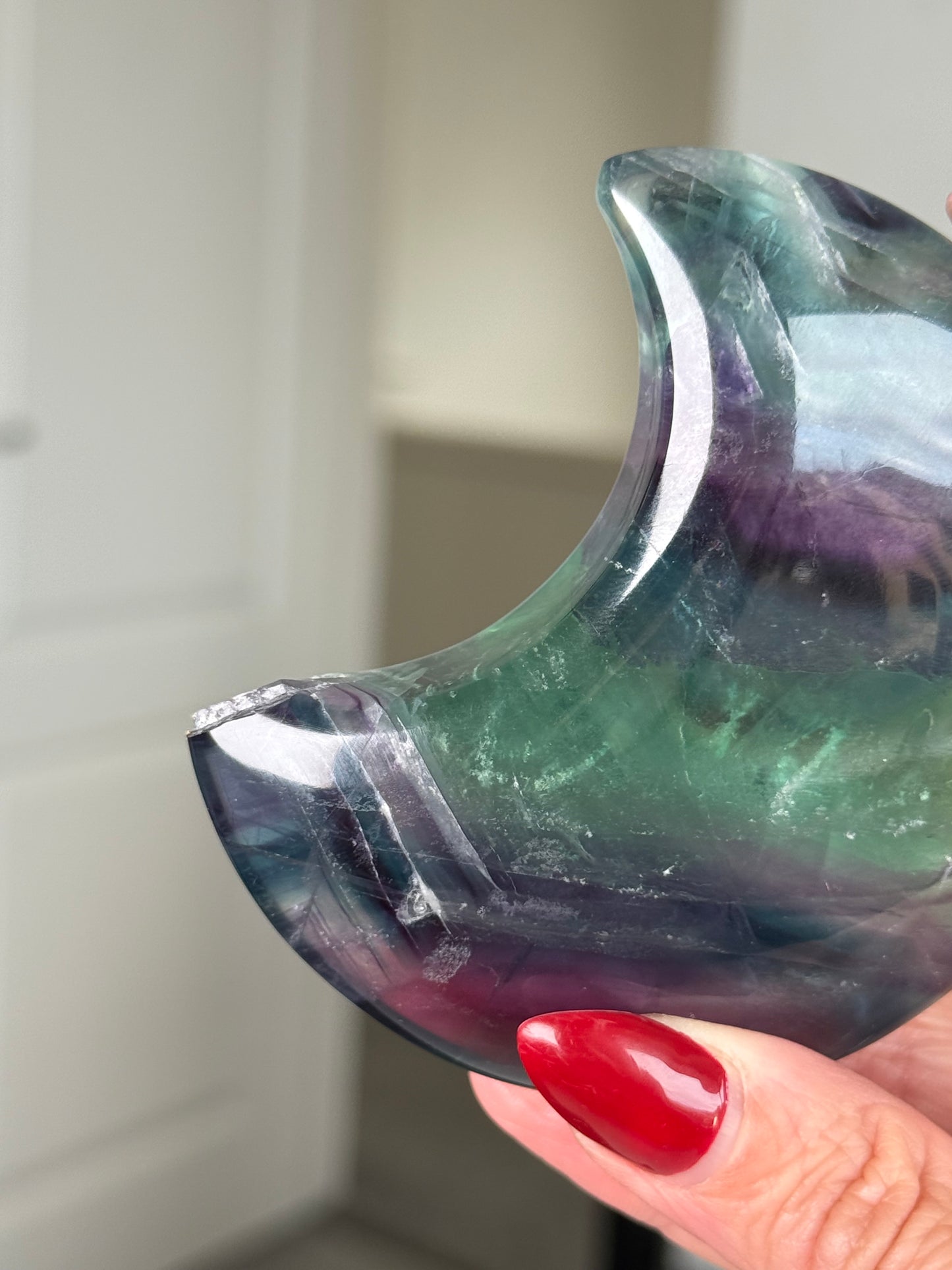 Imperfect Fluorite Moon On Gold Stand