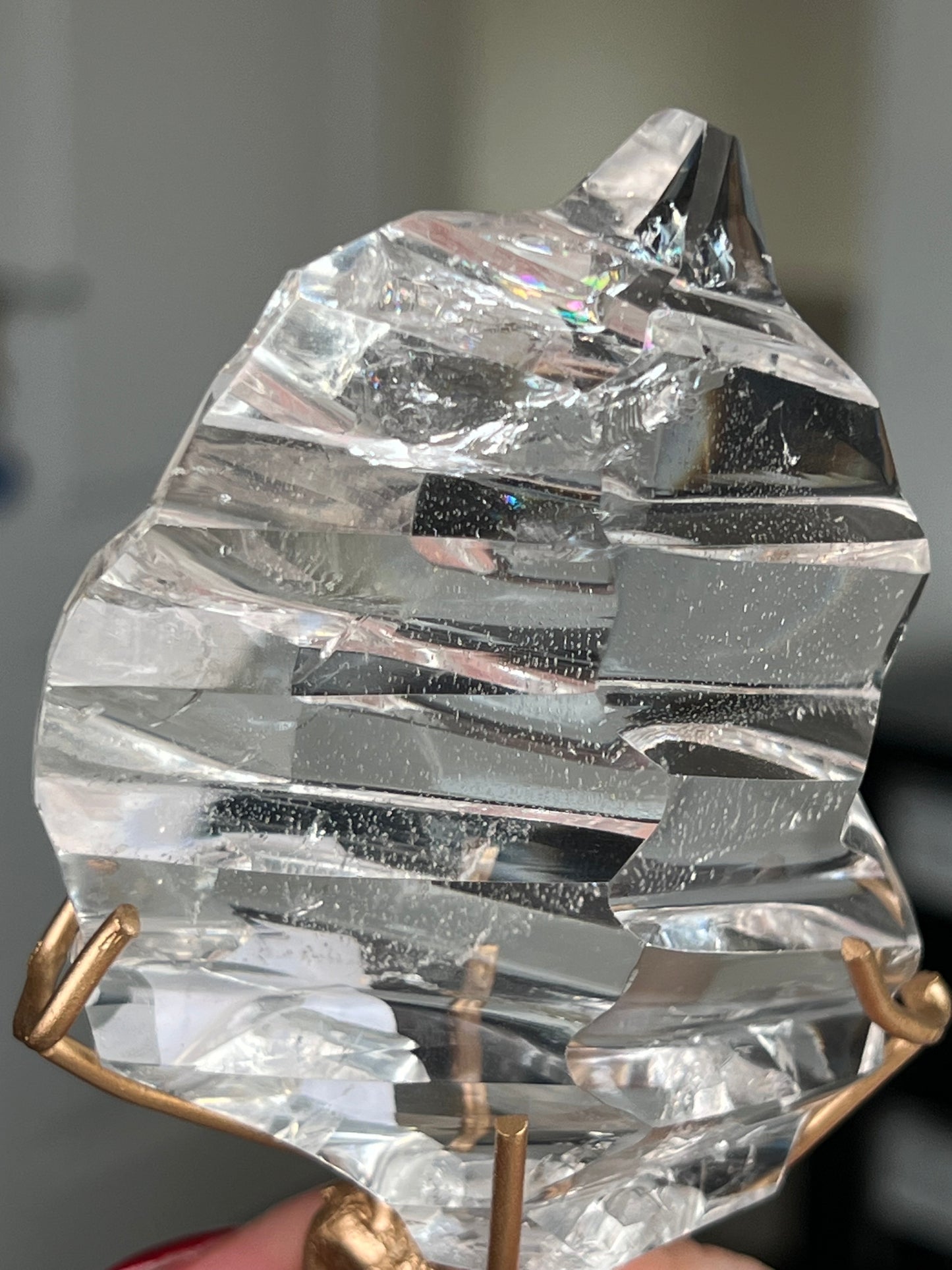 High Grade Brazilian Clear Quartz Sculpture On Gold Twisty Stand