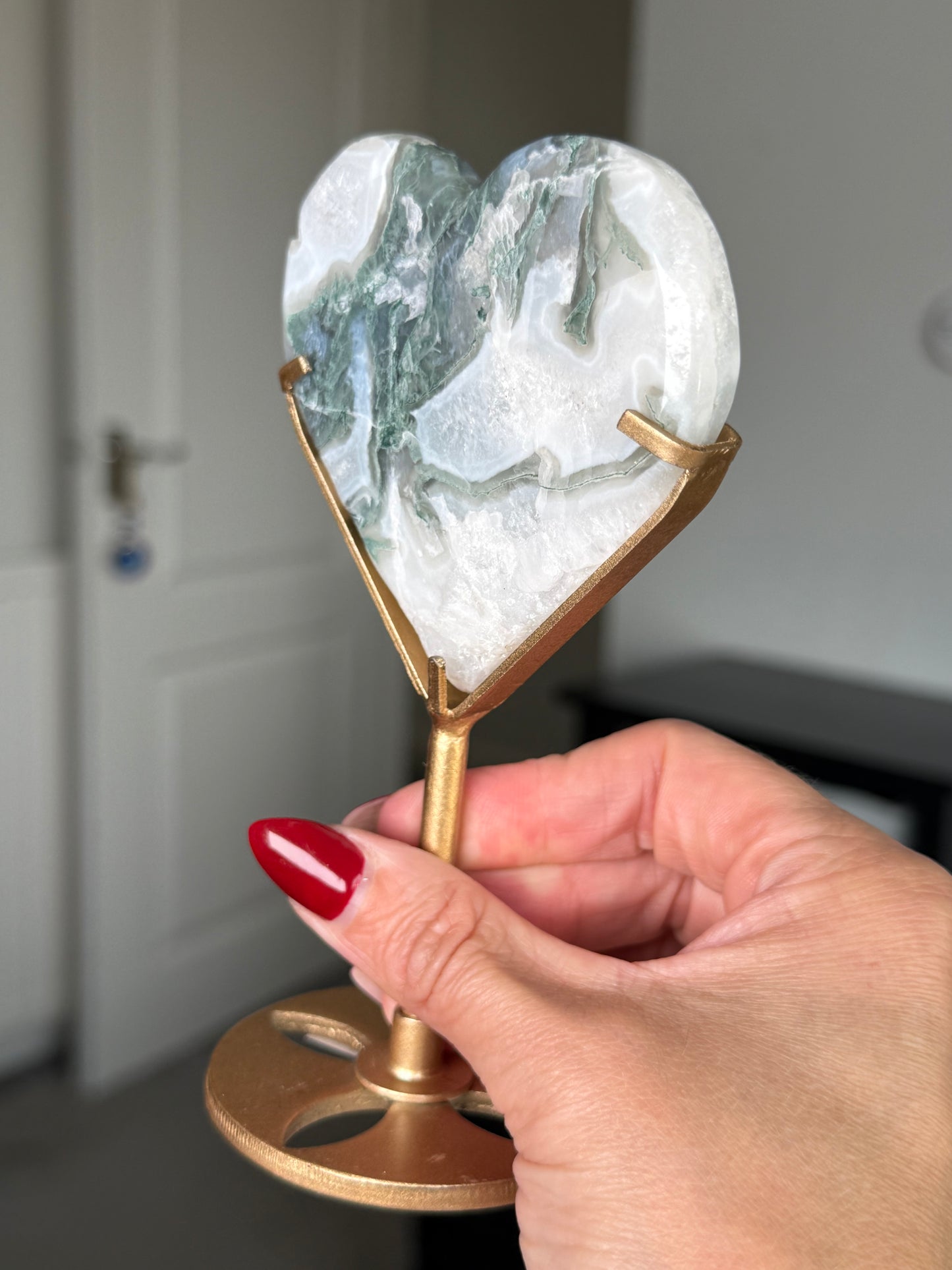 Moss Agate Heart On Gold Stand