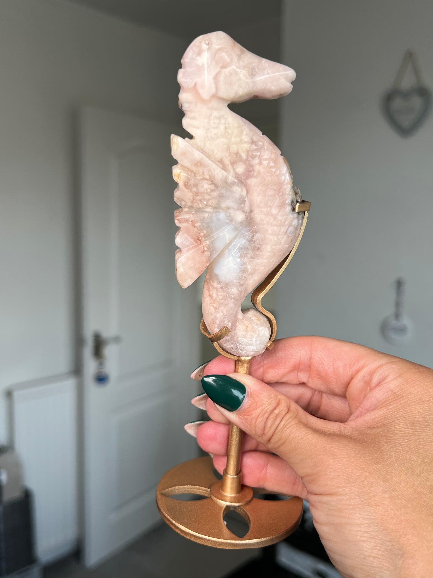 Flower Agate Seahorse On Gold Stand