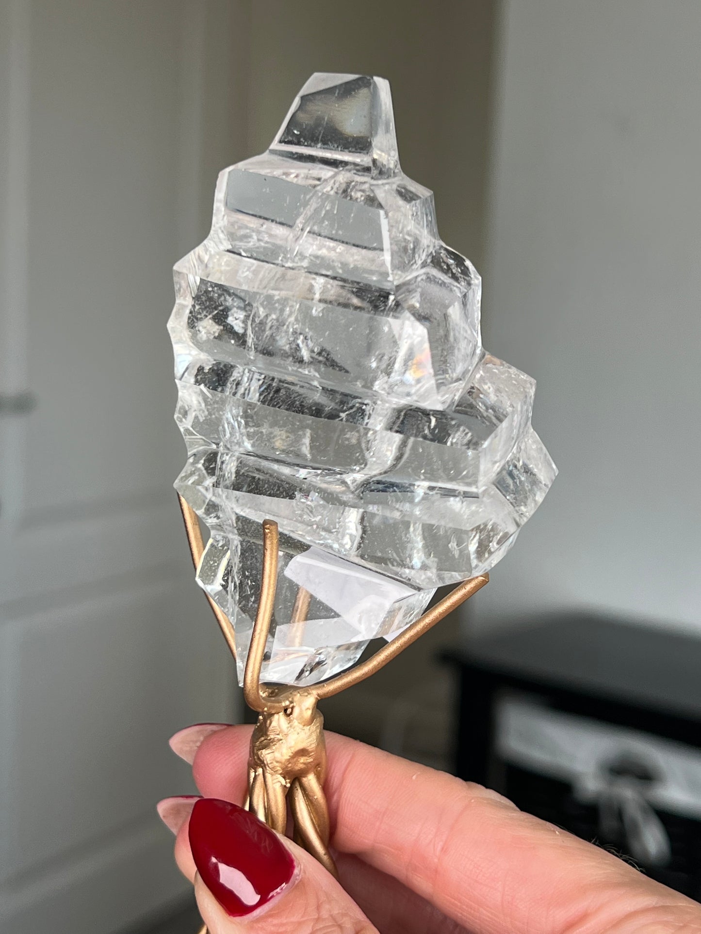 High Grade Brazilian Clear Quartz Sculpture On Gold Twisty Stand