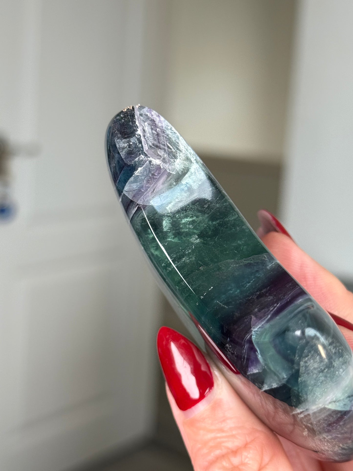 Imperfect Fluorite Moon On Gold Stand
