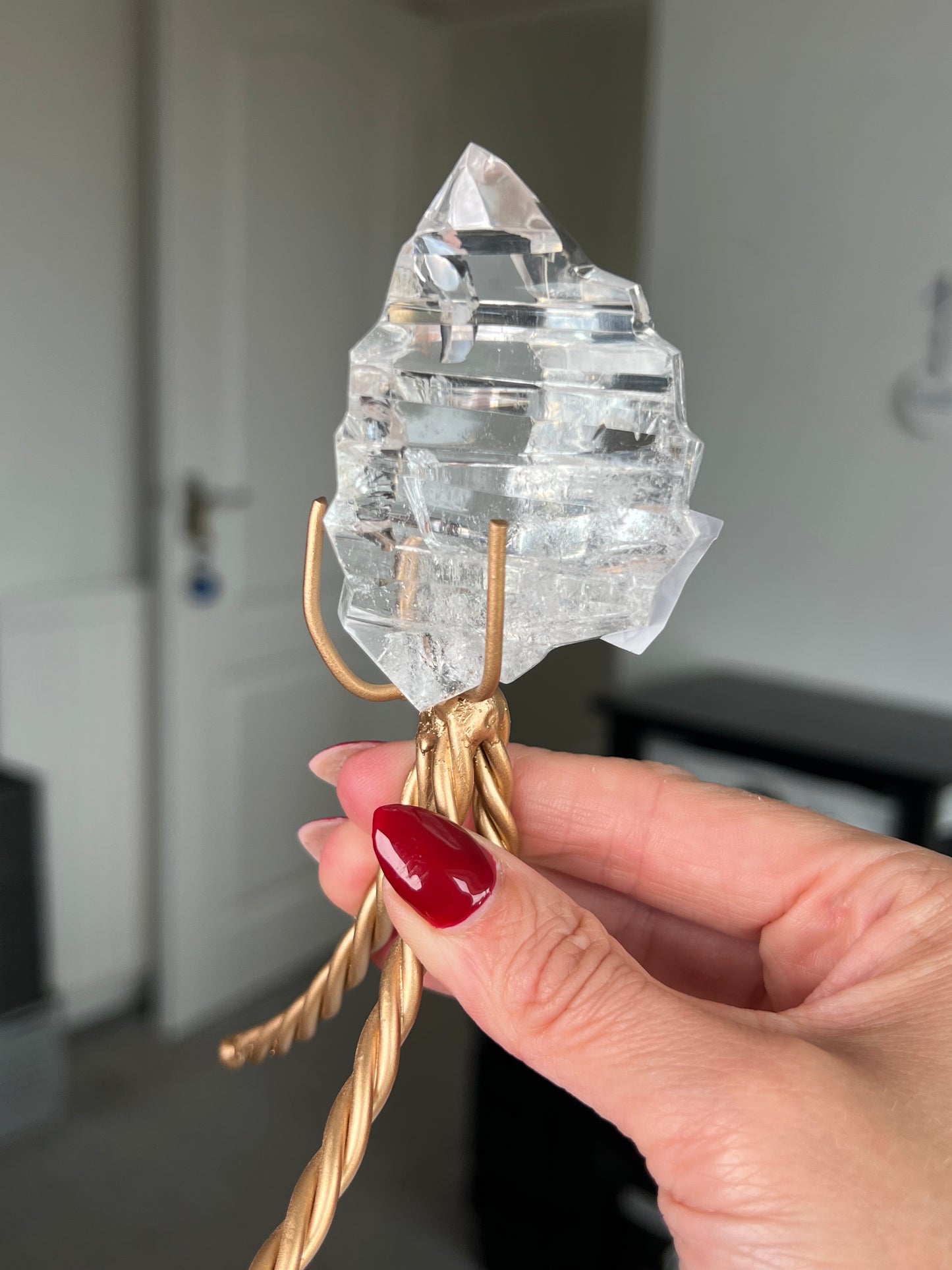 High Grade Brazilian Clear Quartz Sculpture On Gold Twisty Stand