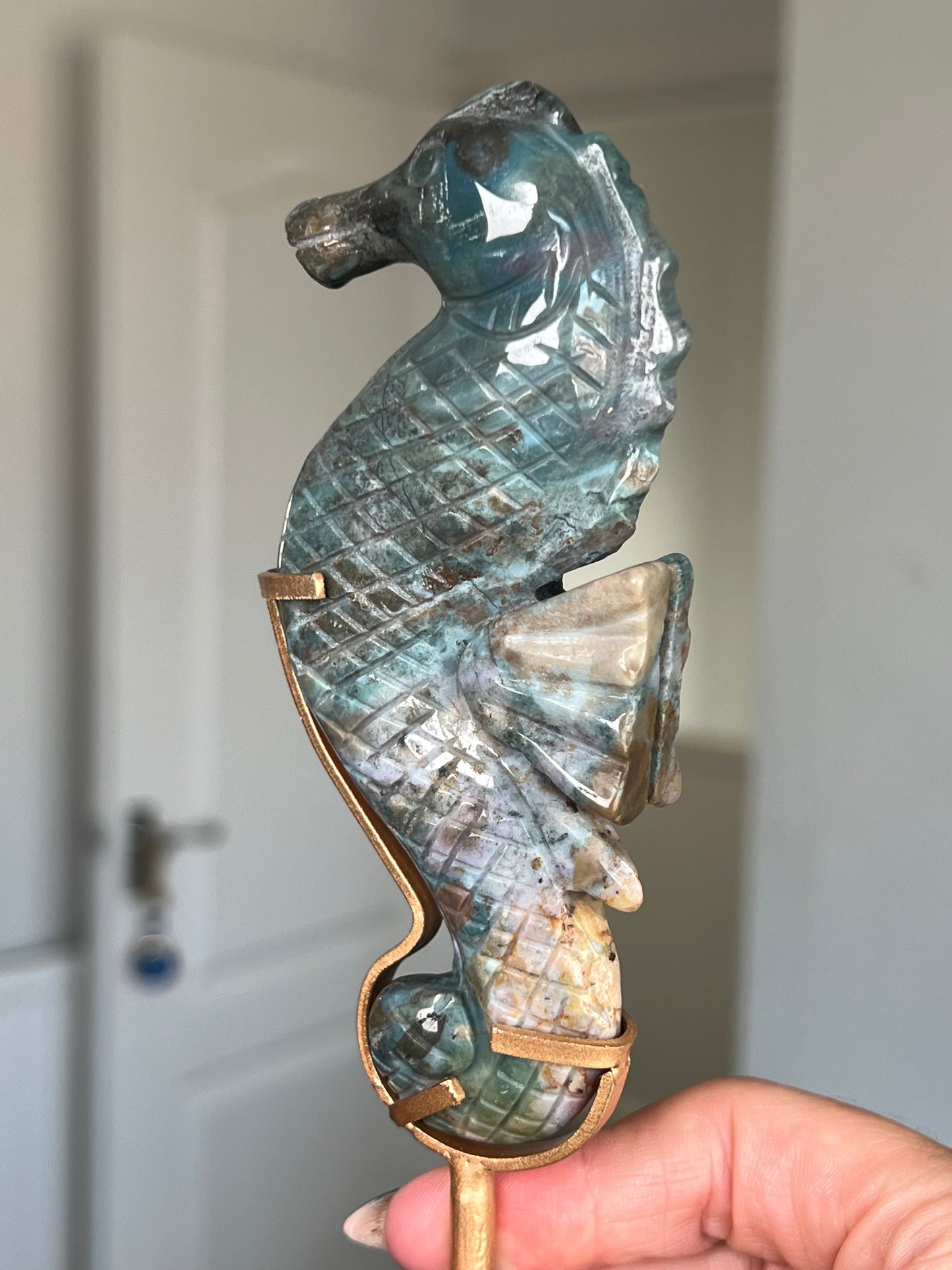 Ocean Jasper Seahorse On Gold Stand