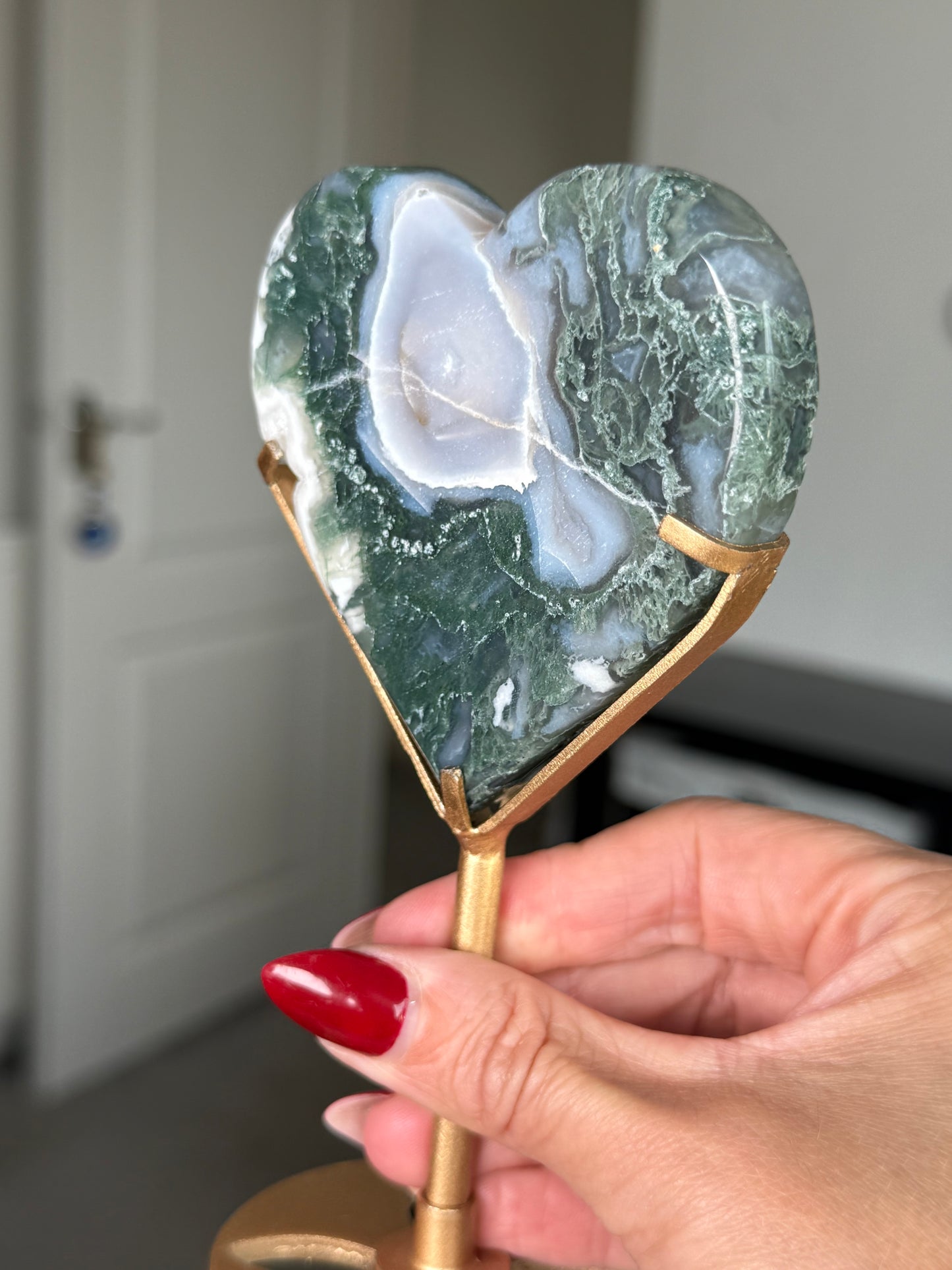 Moss Agate Heart On Gold Stand