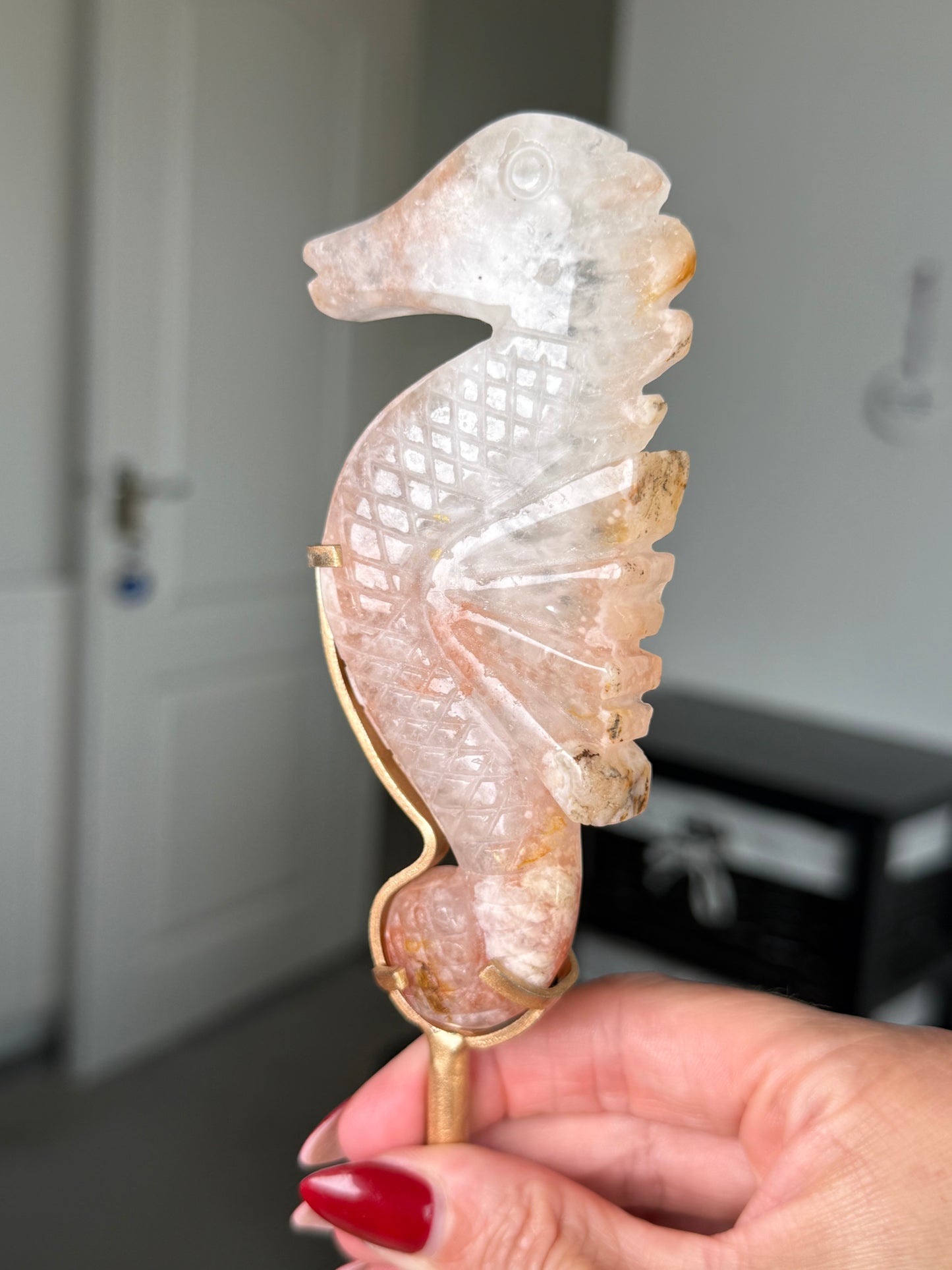 Flower Agate Seahorse On Gold Stand