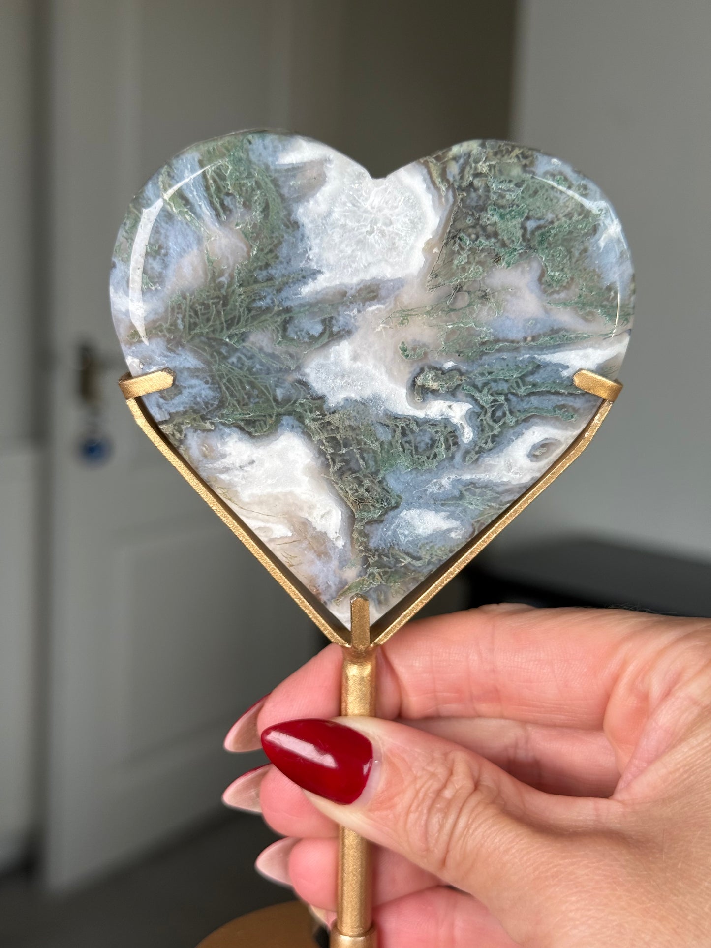 Moss Agate Heart On Gold Stand