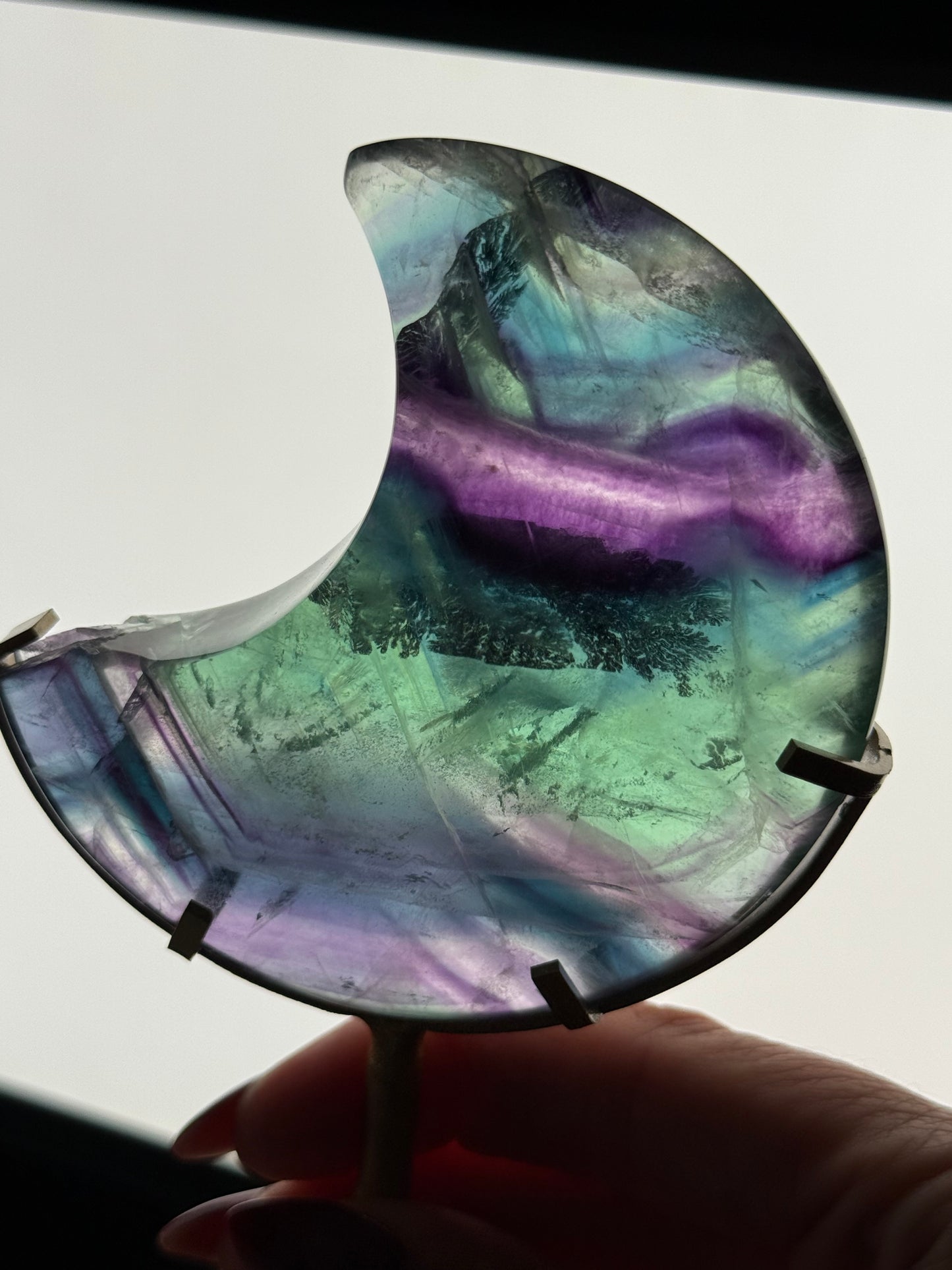 Imperfect Fluorite Moon On Gold Stand