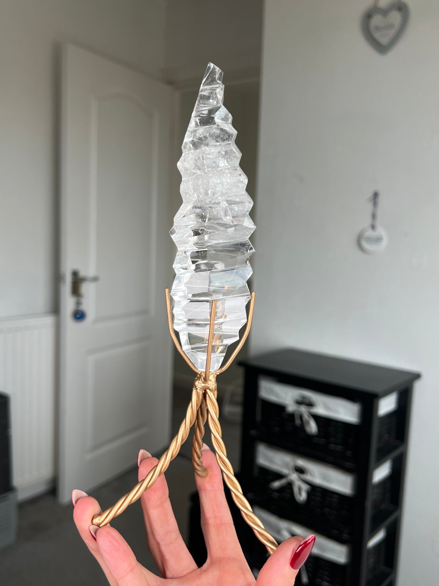 High Grade Brazilian Clear Quartz Sculpture On Gold Twisty Stand