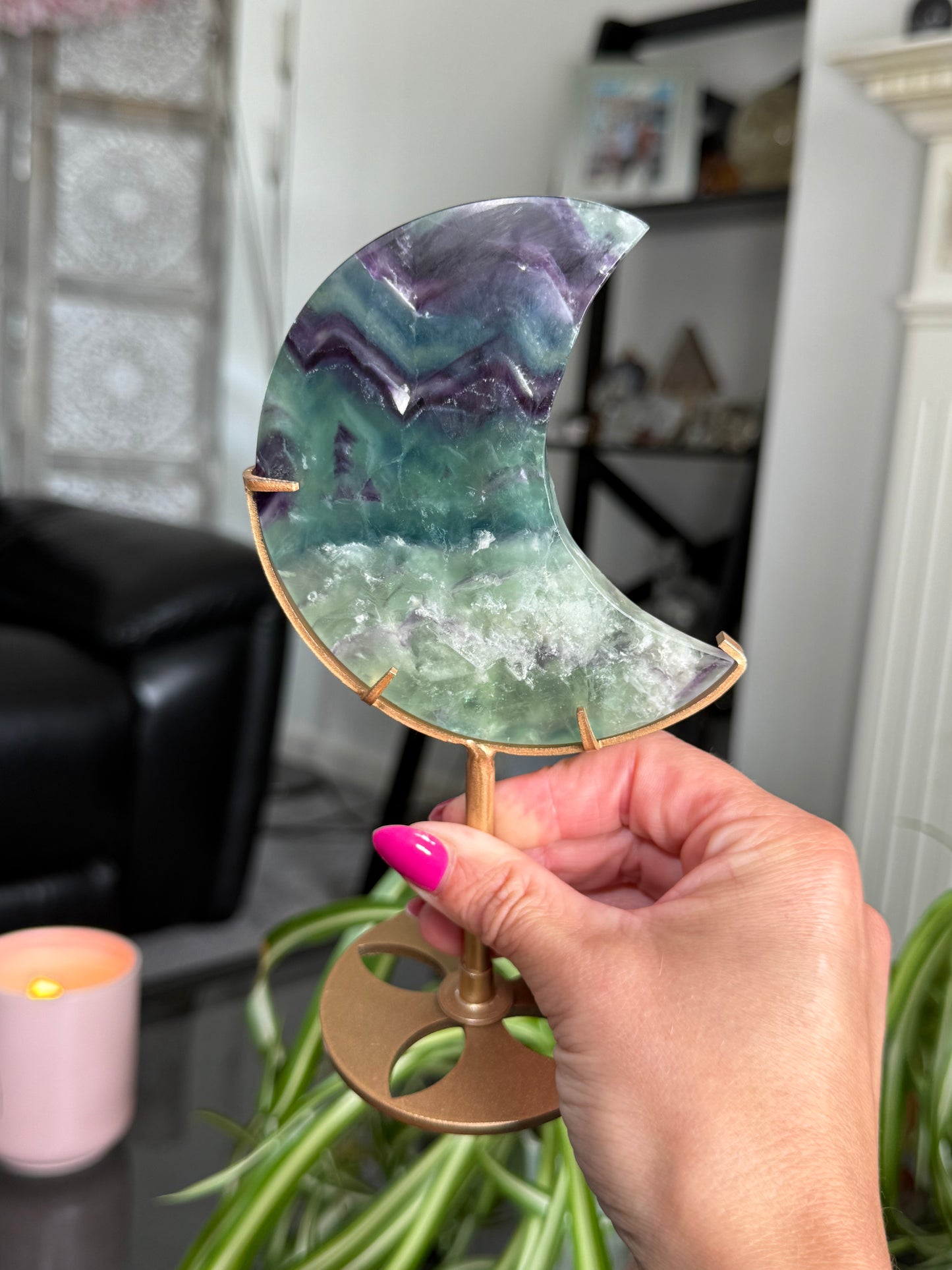 Purple & Green Fluorite Moon On Stand