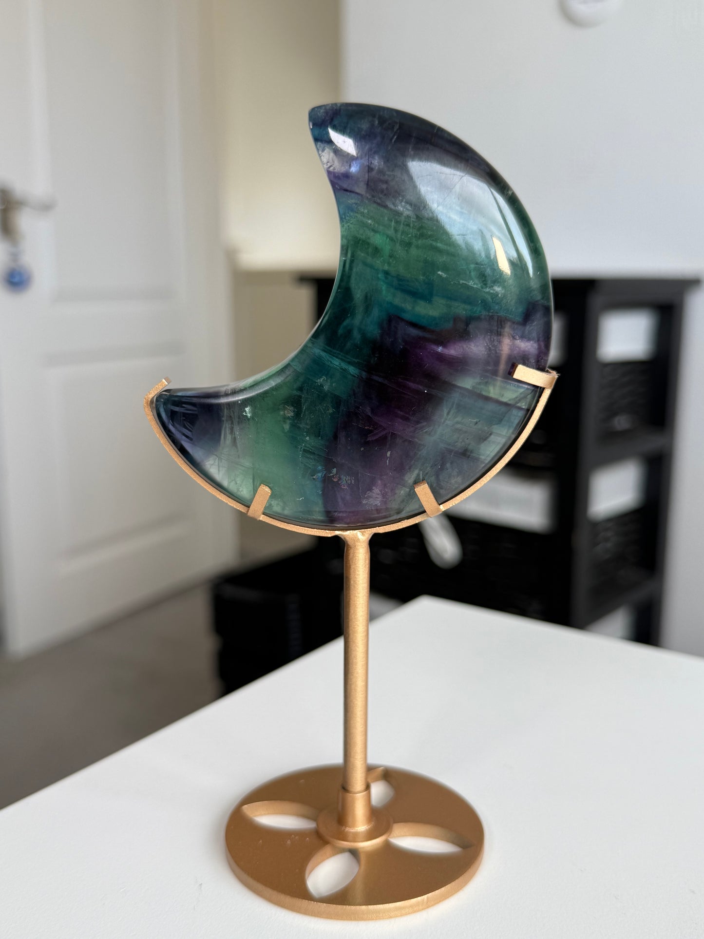 Fluorite Moon On Gold Stand
