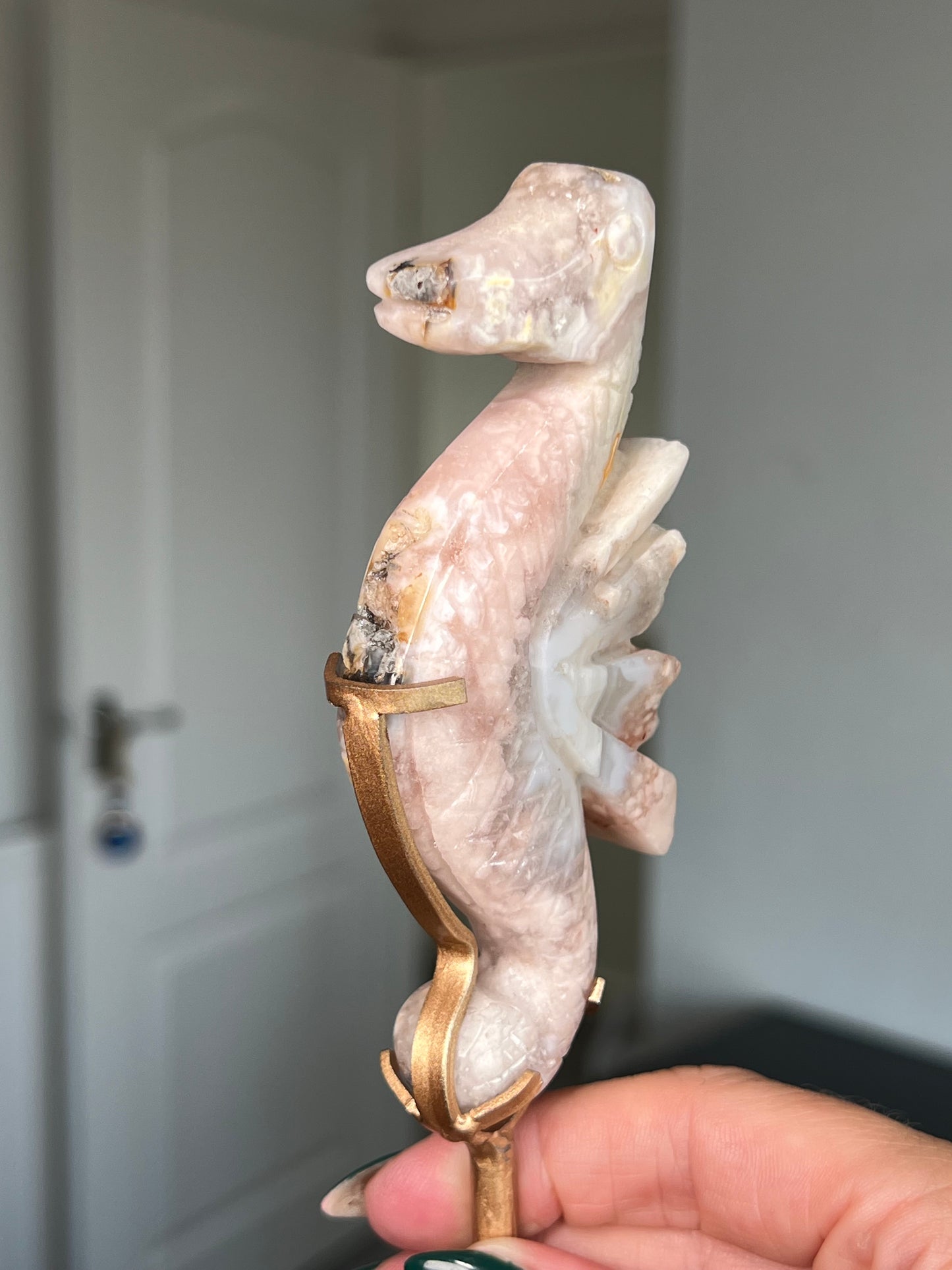 Flower Agate Seahorse On Gold Stand