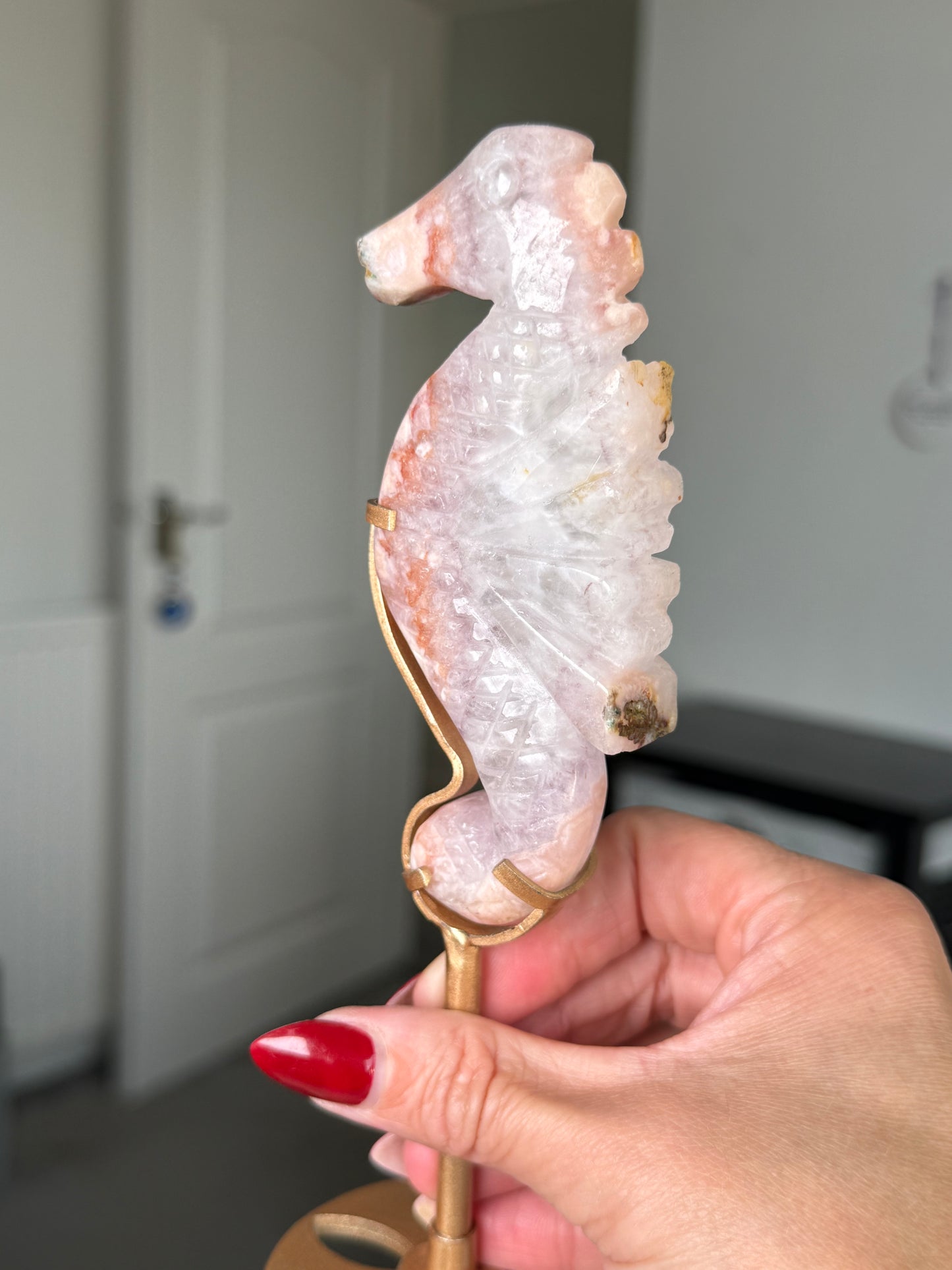 Flower Agate Seahorse On Gold Stand