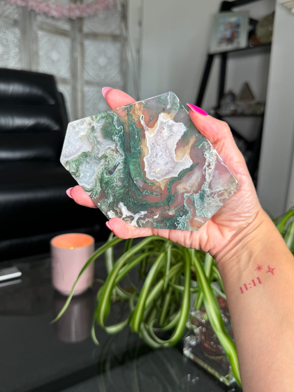 Moss Agate Slice With Stand