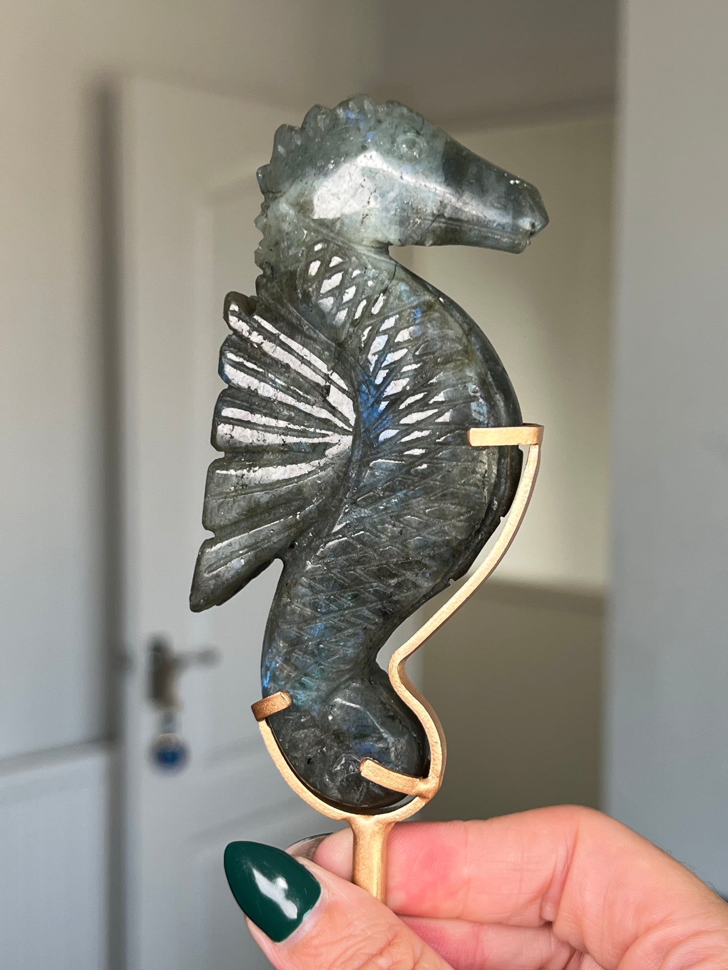 Labradorite Seahorse On Gold Stand