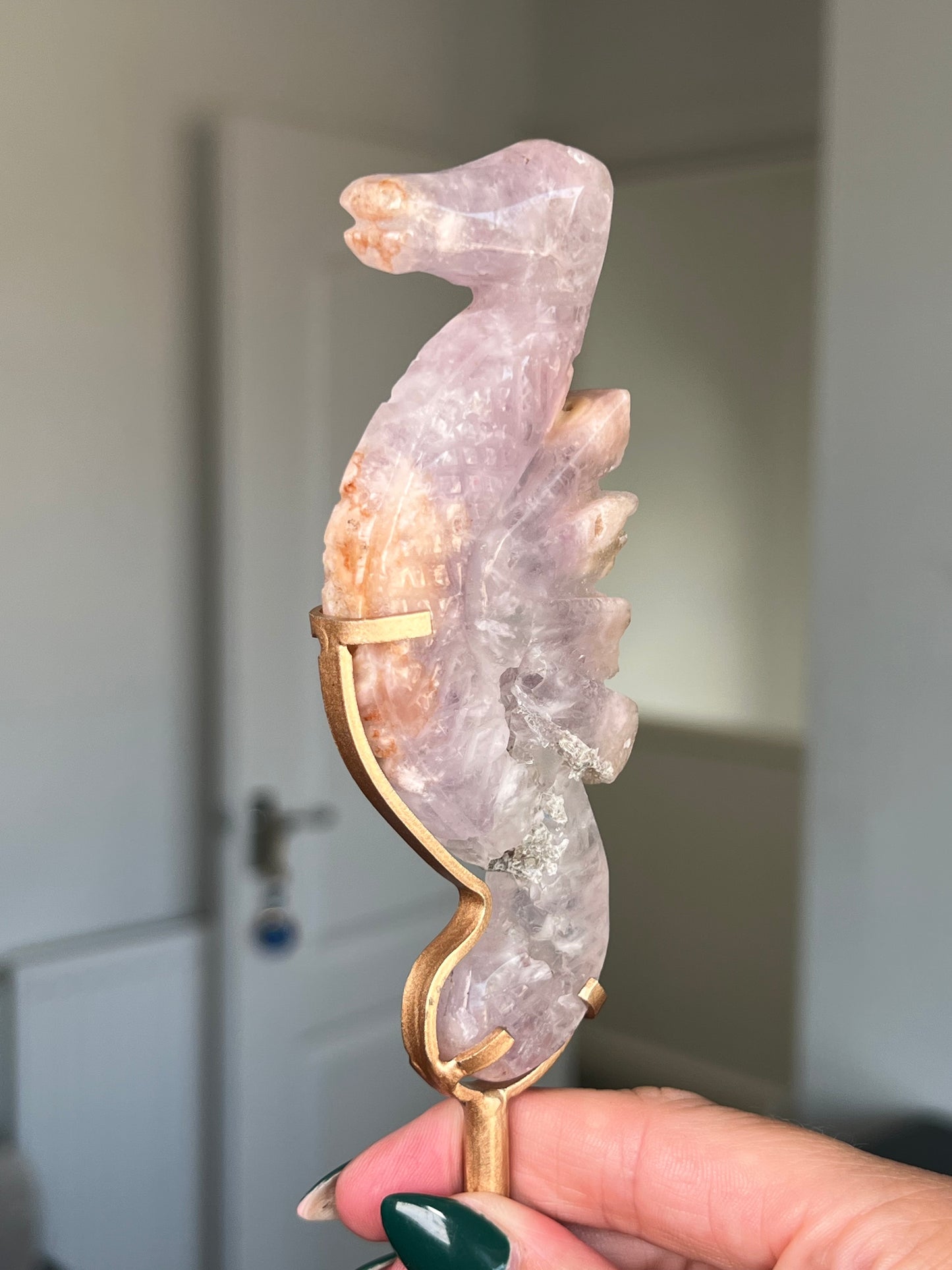Flower Agate Seahorse On Gold Stand
