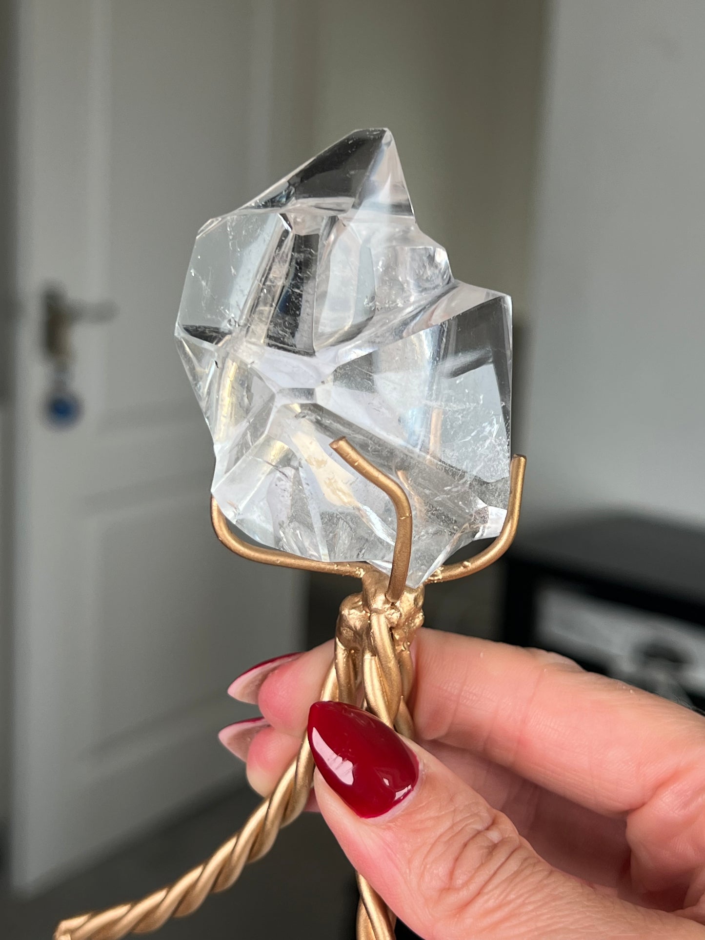 High Grade Brazilian Clear Quartz Sculpture On Gold Twisty Stand