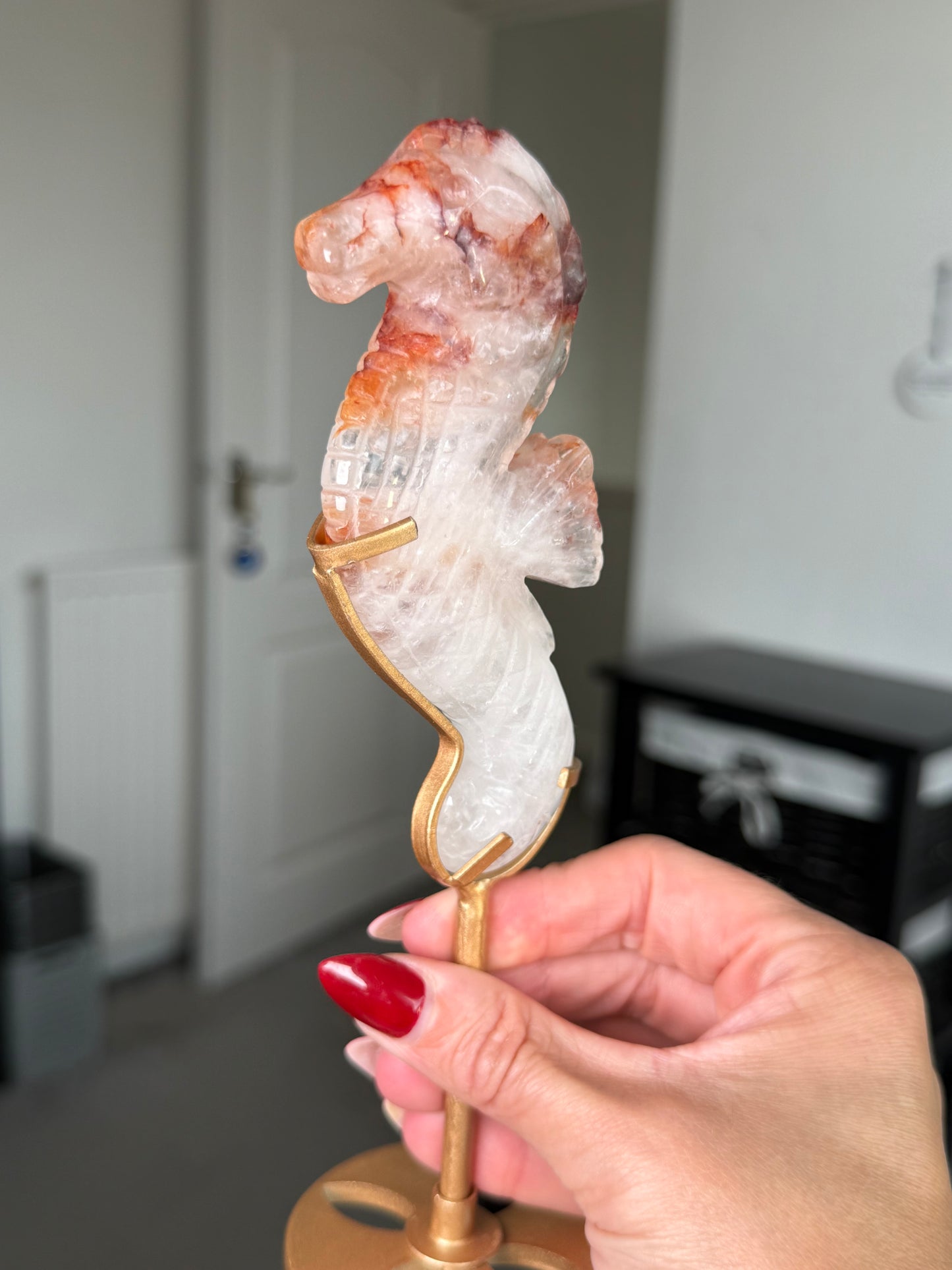 Fire Quartz Seahorse On Gold Stand