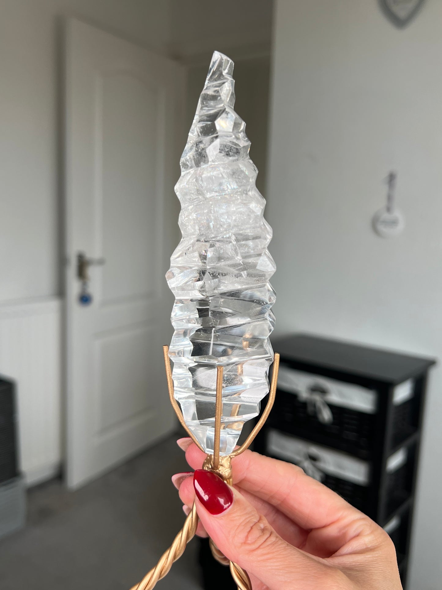 High Grade Brazilian Clear Quartz Sculpture On Gold Twisty Stand