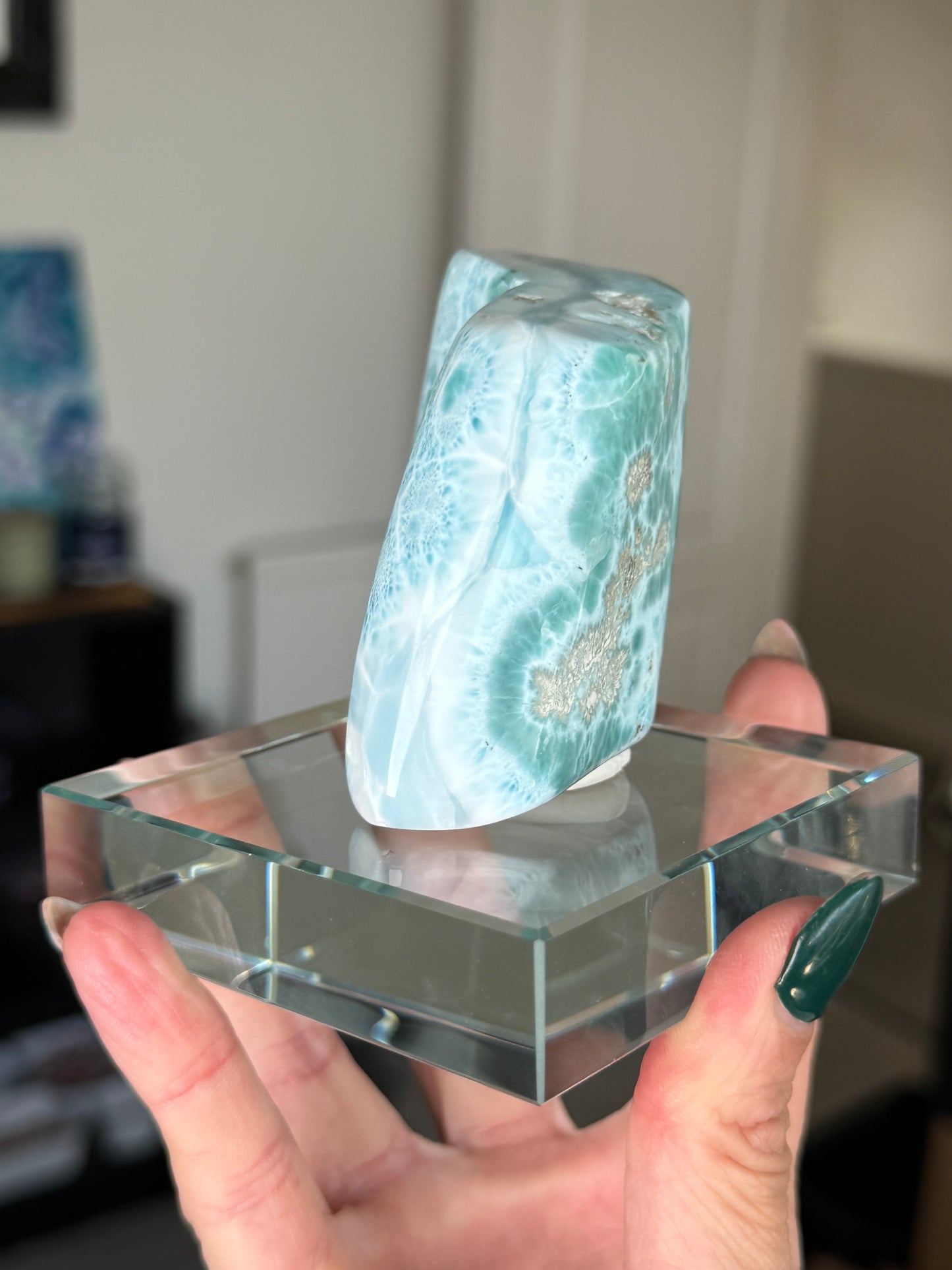 Larimar Core On Glass Stand