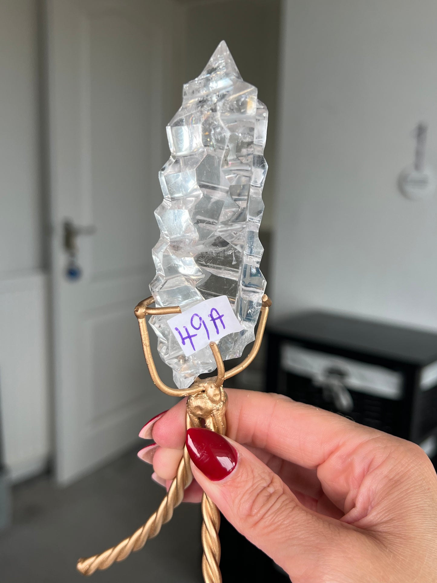 High Grade Brazilian Clear Quartz Sculpture On Gold Twisty Stand