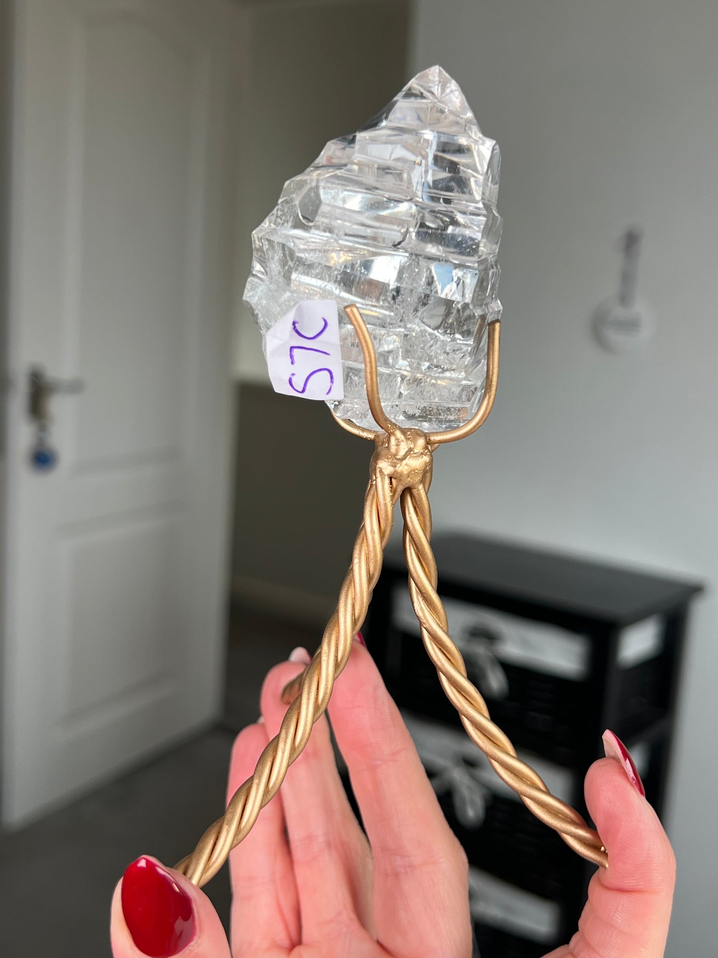 High Grade Brazilian Clear Quartz Sculpture On Gold Twisty Stand