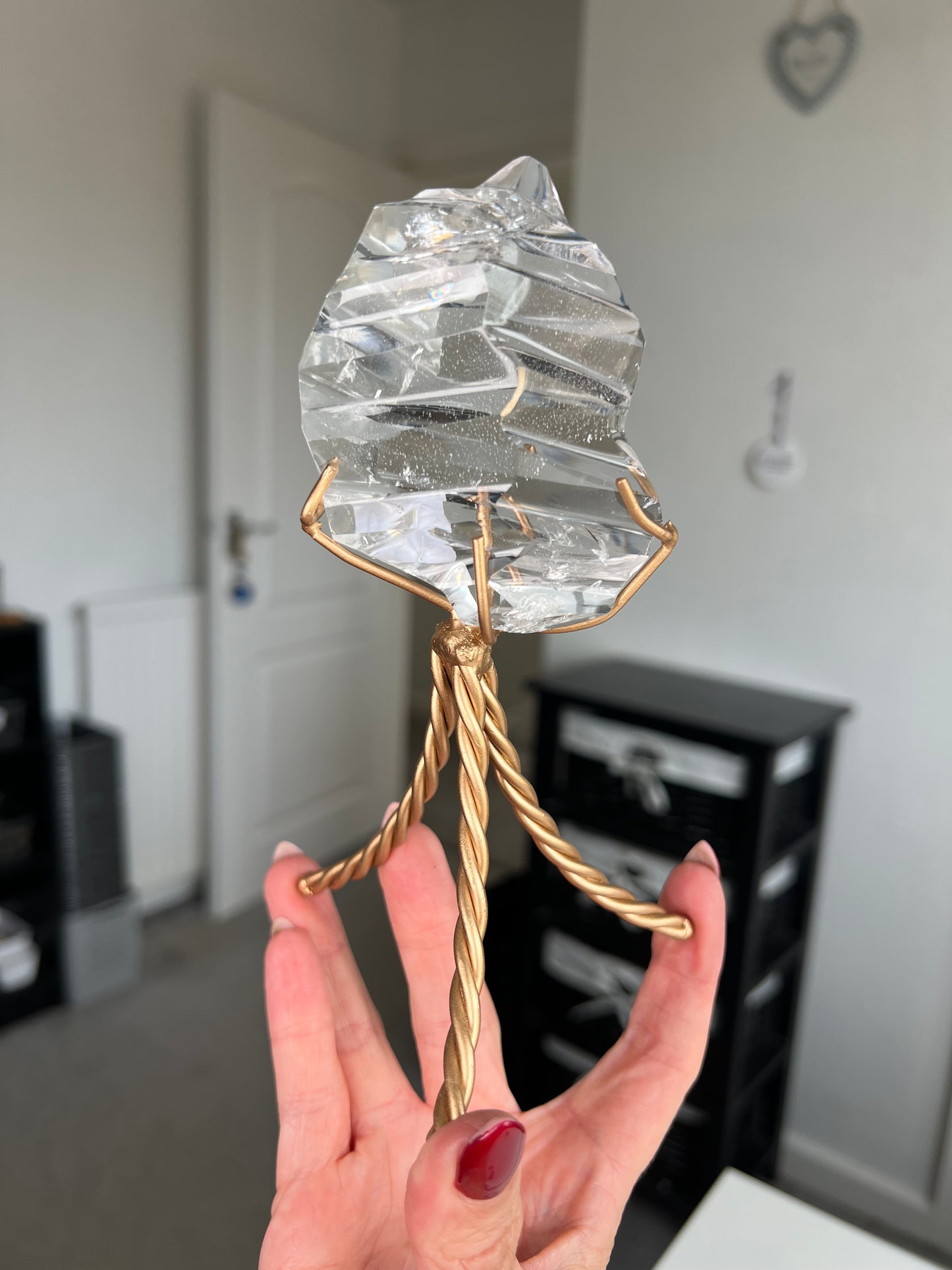 High Grade Brazilian Clear Quartz Sculpture On Gold Twisty Stand