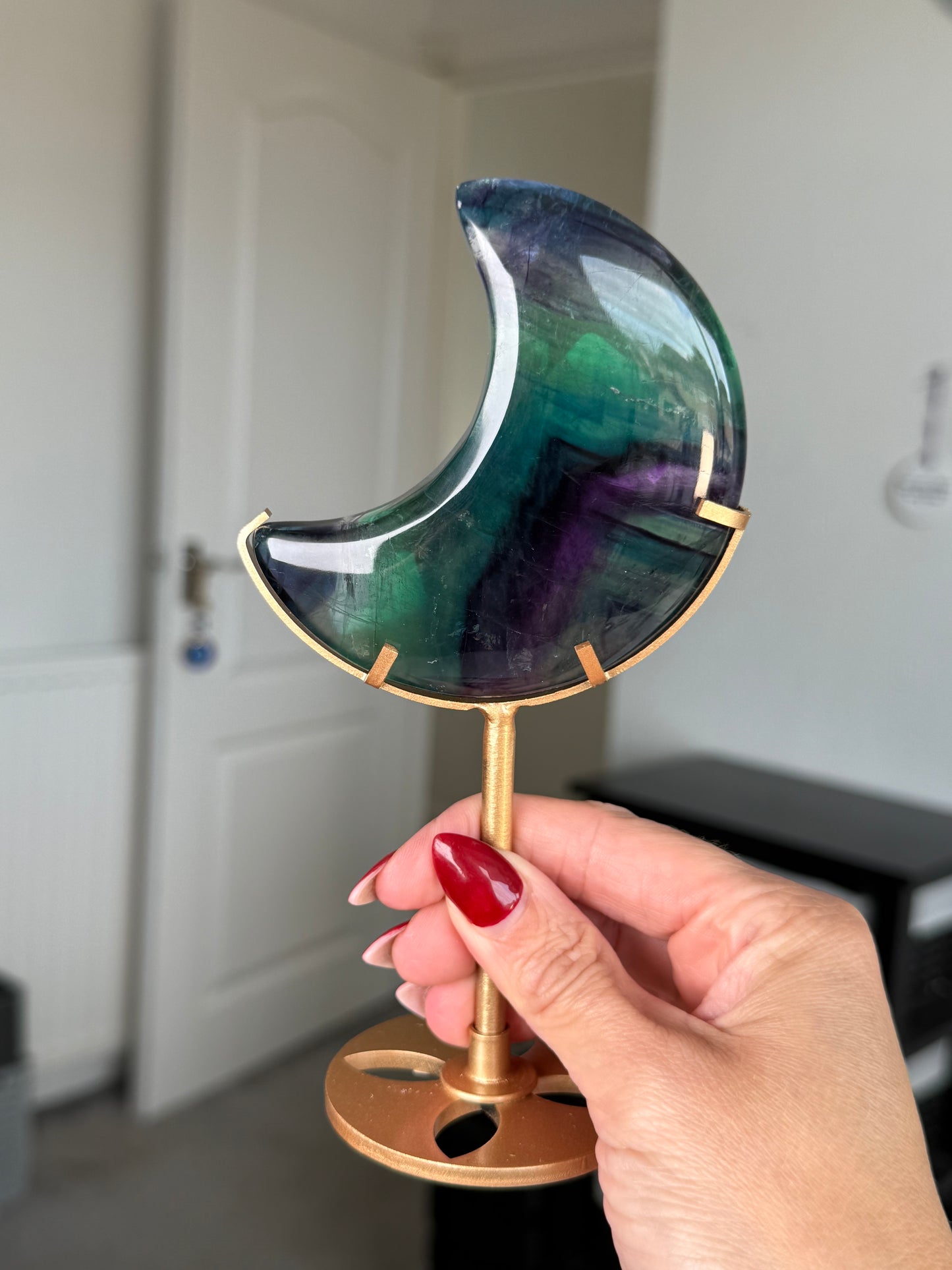 Fluorite Moon On Gold Stand