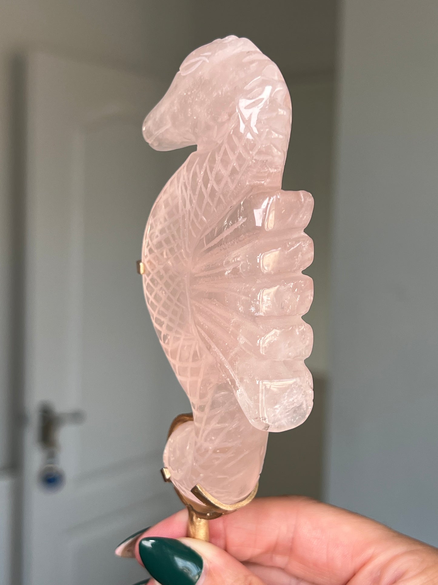 Rose Quartz Seahorse On Gold Stand