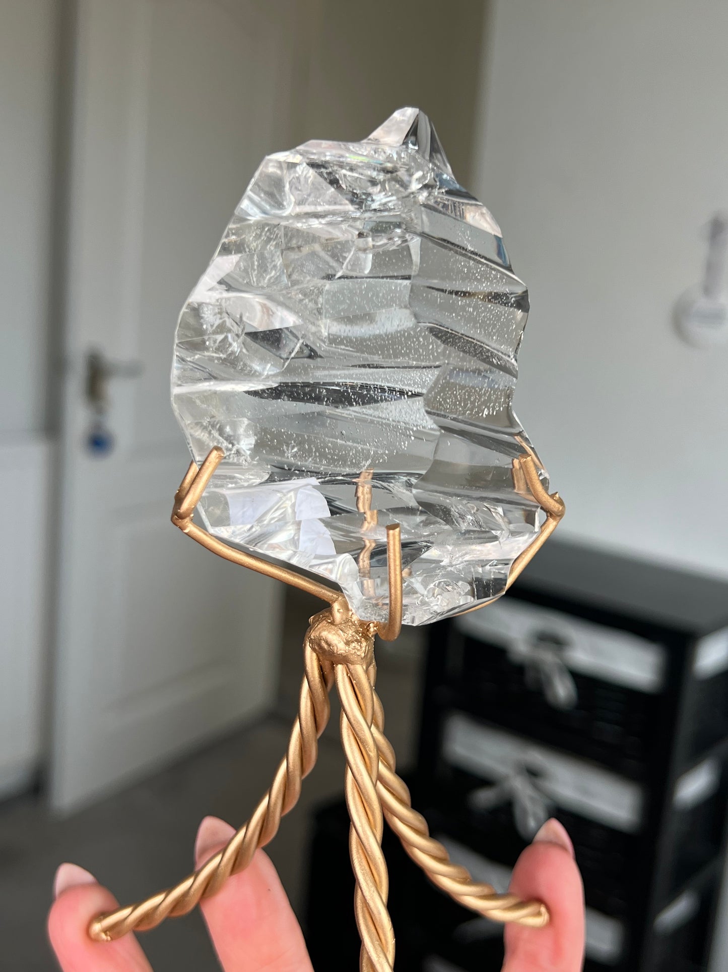 High Grade Brazilian Clear Quartz Sculpture On Gold Twisty Stand