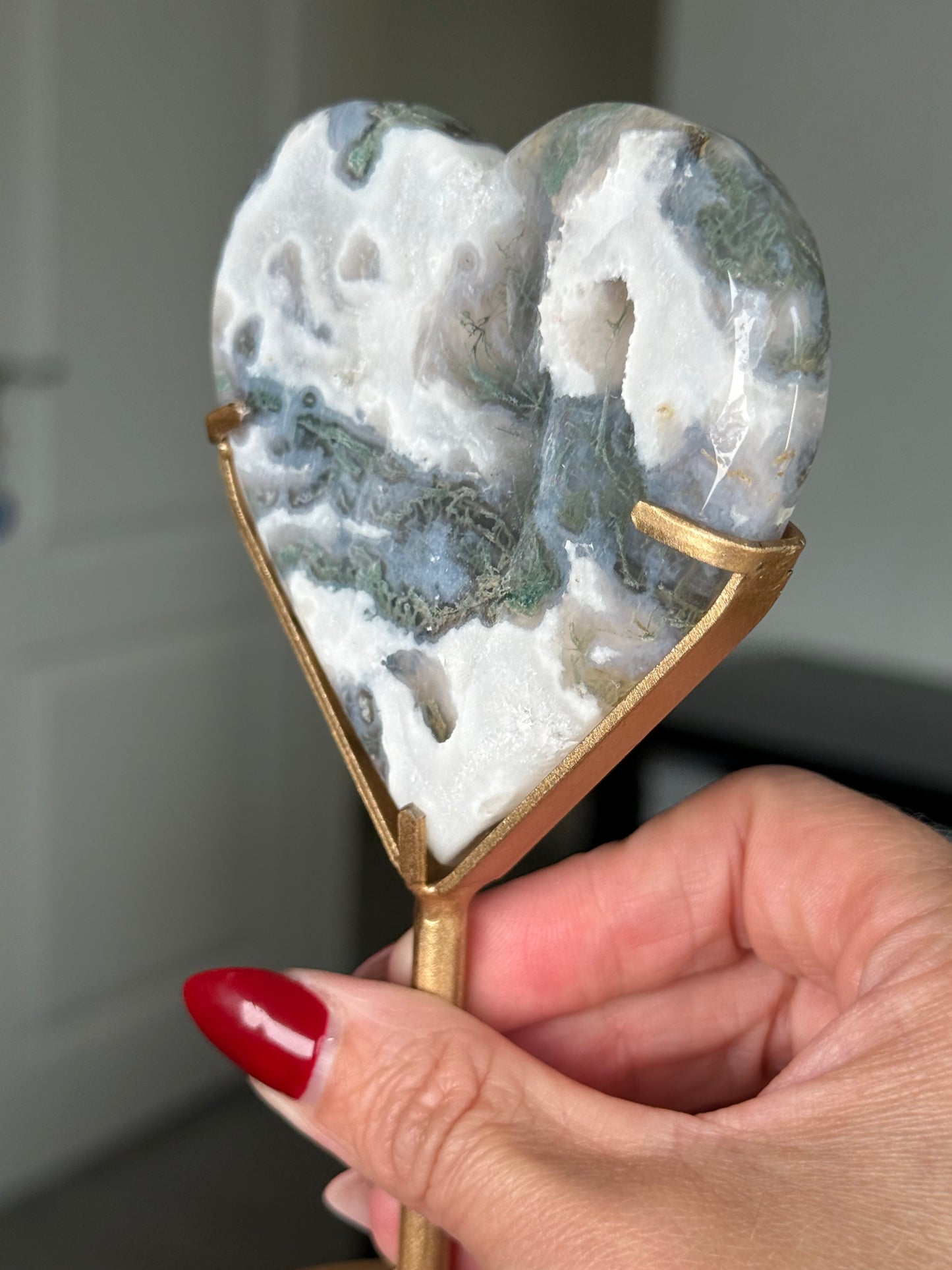 Moss Agate Heart On Gold Stand