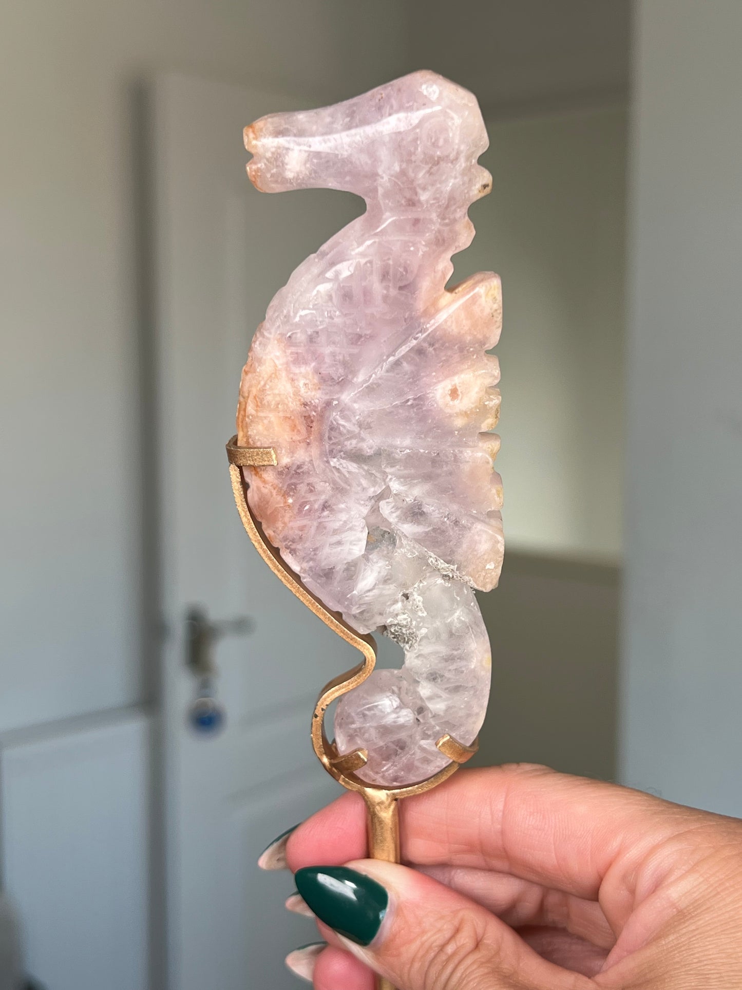 Flower Agate Seahorse On Gold Stand