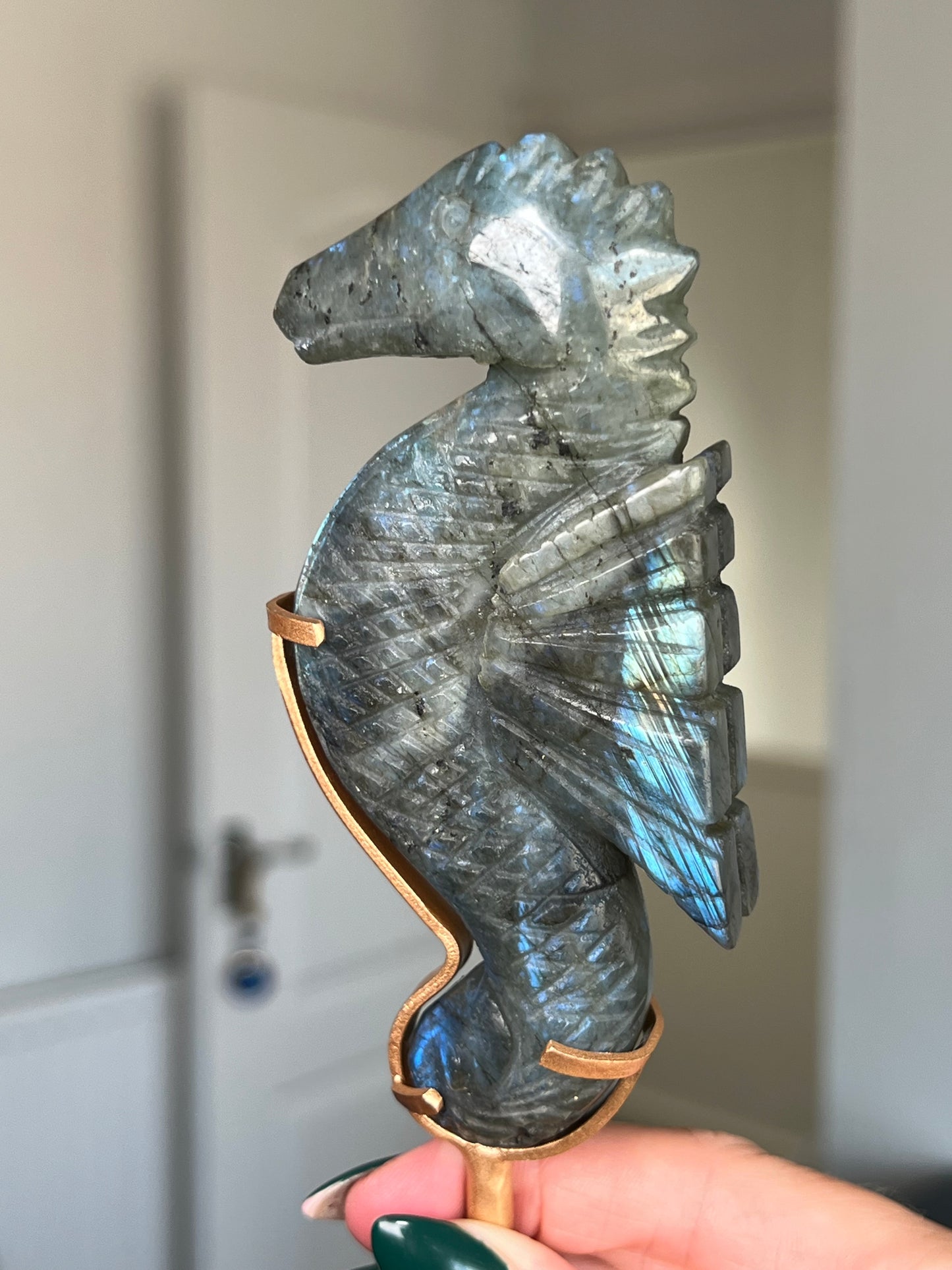 Labradorite Seahorse On Gold Stand