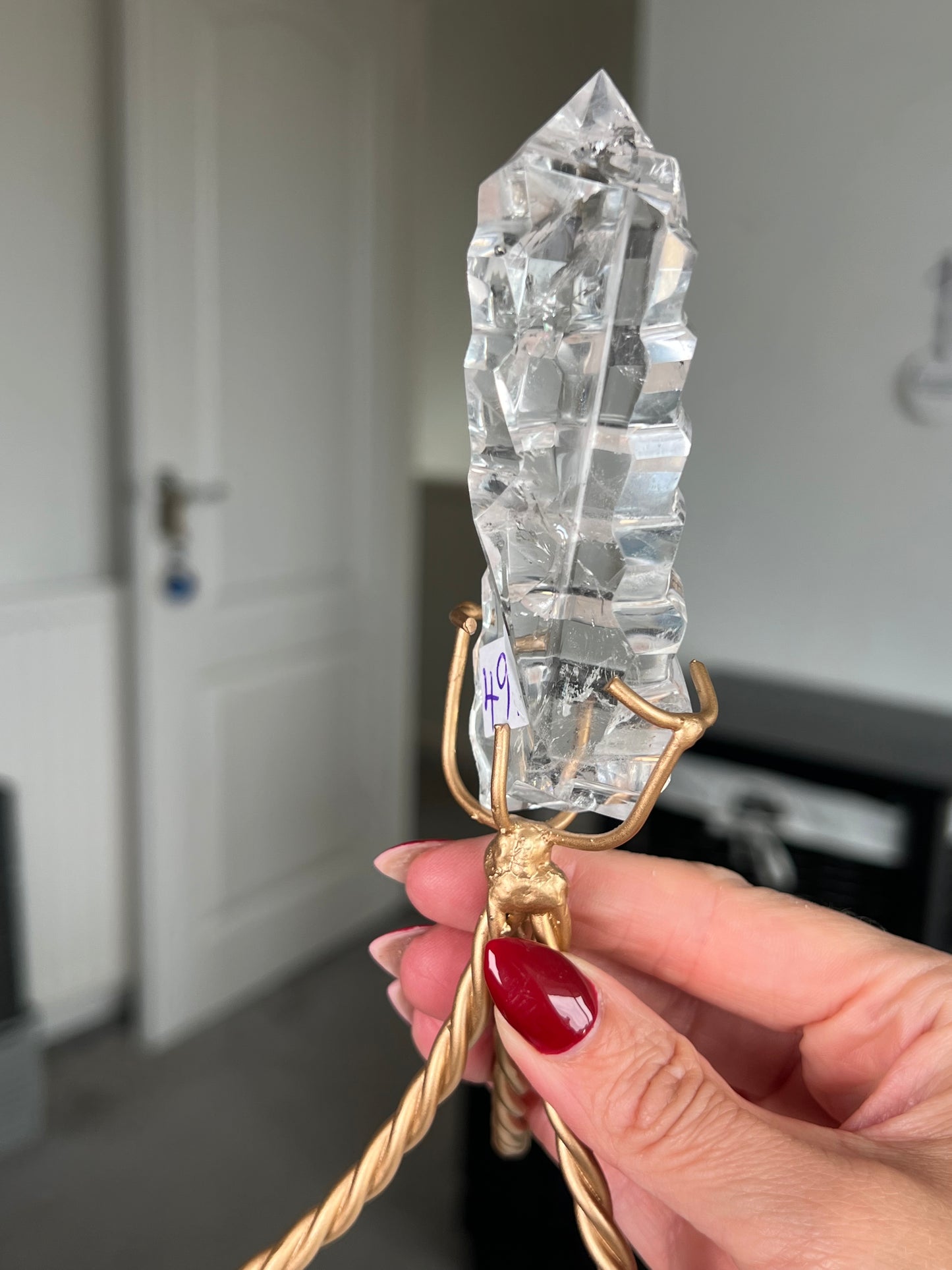 High Grade Brazilian Clear Quartz Sculpture On Gold Twisty Stand