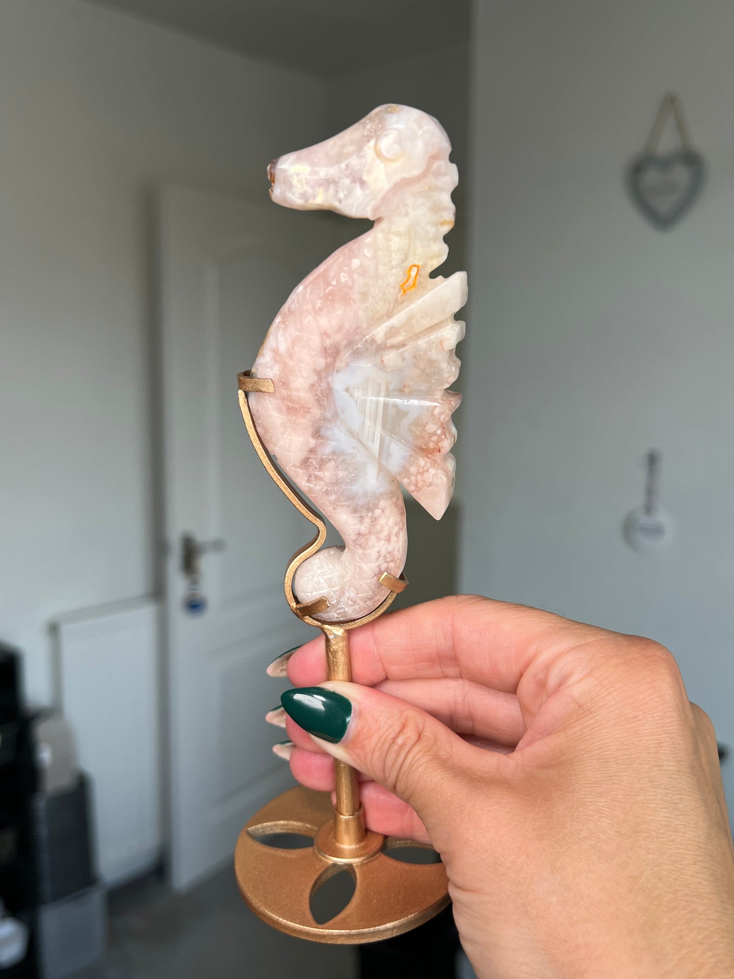 Flower Agate Seahorse On Gold Stand