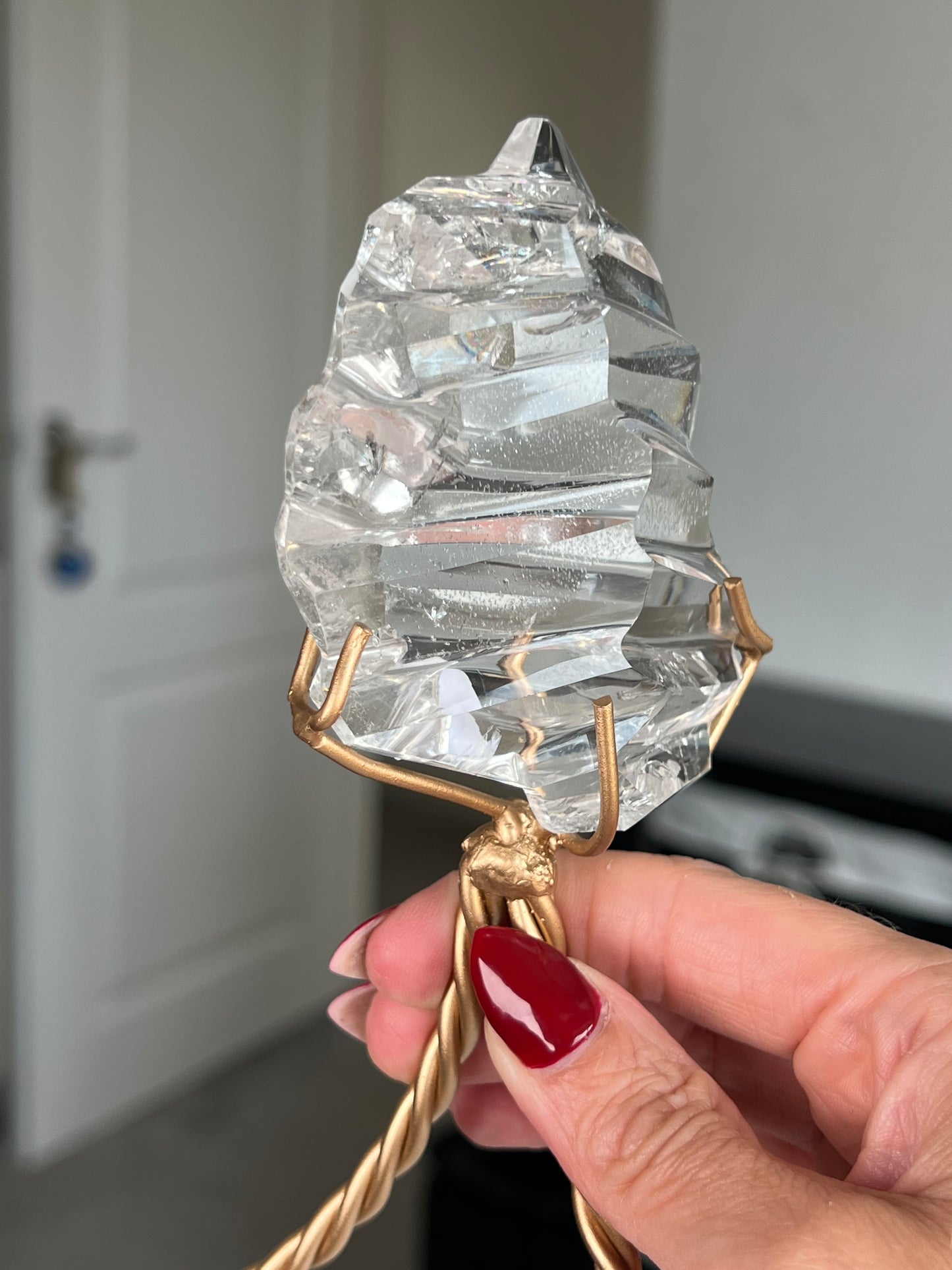High Grade Brazilian Clear Quartz Sculpture On Gold Twisty Stand