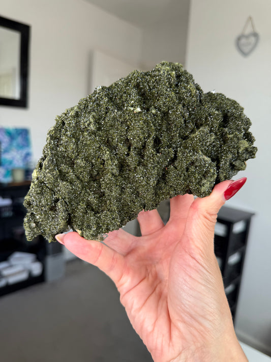 Large Epidote With Quartz Specimen With Stand