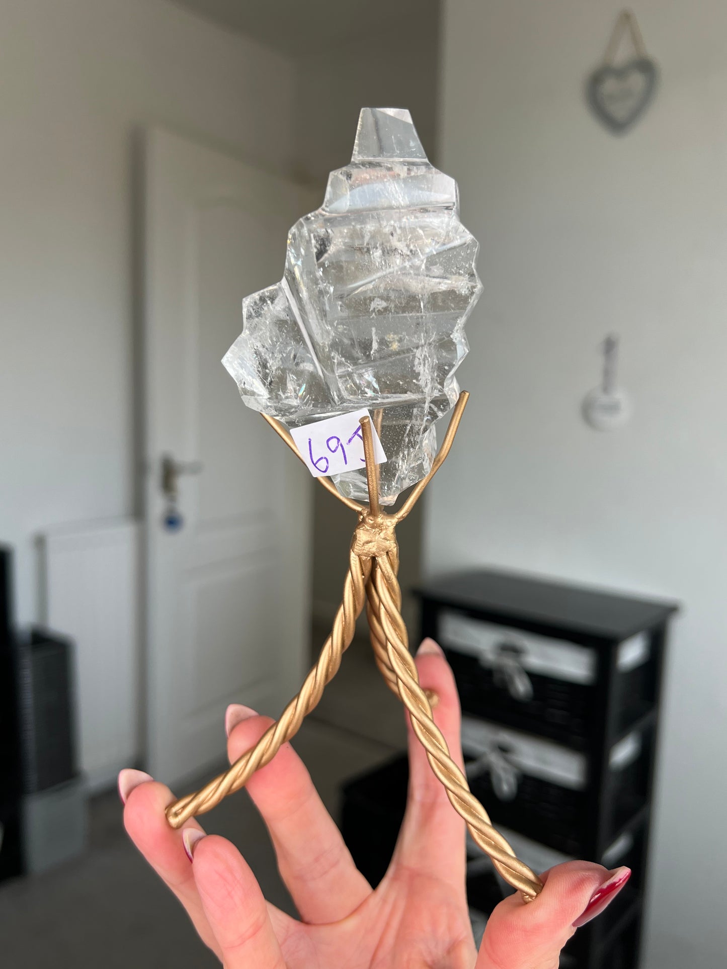 High Grade Brazilian Clear Quartz Sculpture On Gold Twisty Stand